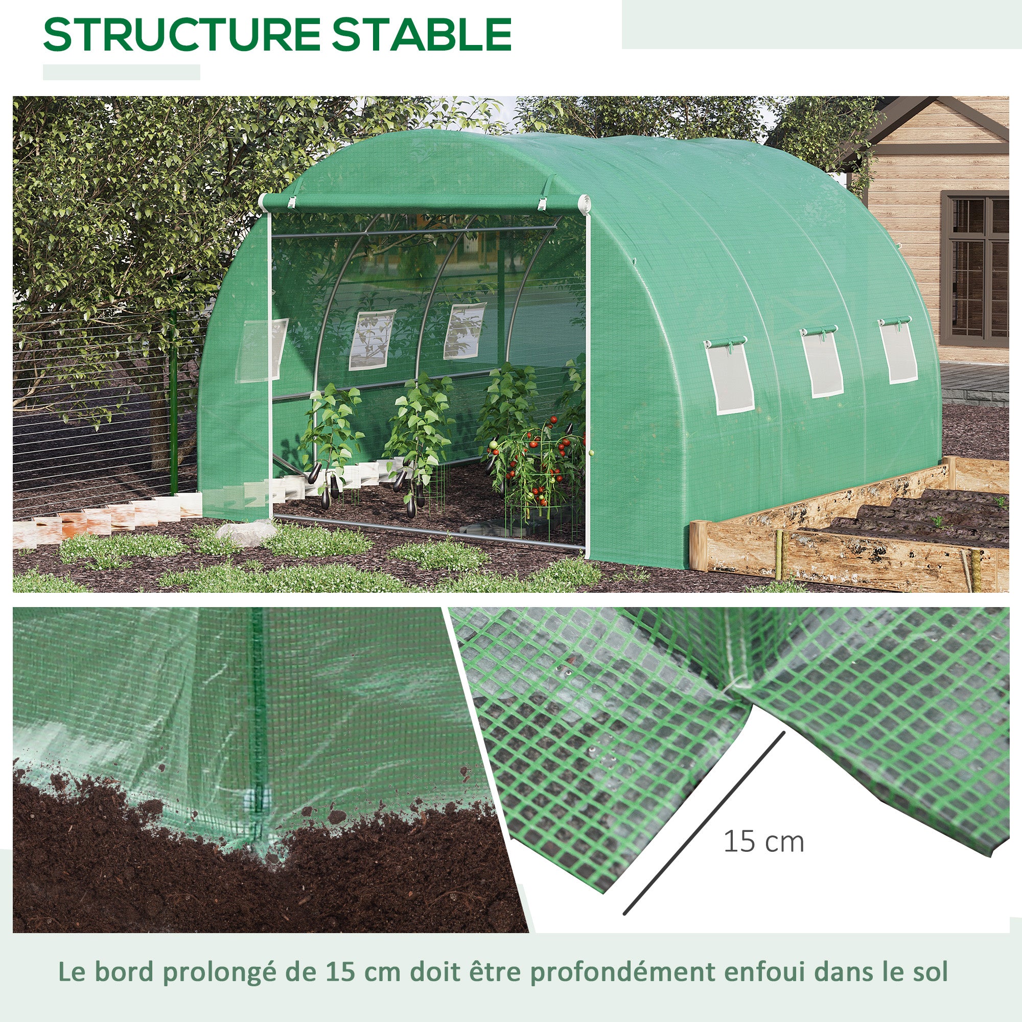 9 sqm Garden Greenhouse, 3 x 3 x 2 m Garden Tunnel Greenhouse with Roll-Up Door and 6 Mesh Windows, Steel and High-Density PE, UV-Resistant, Green
