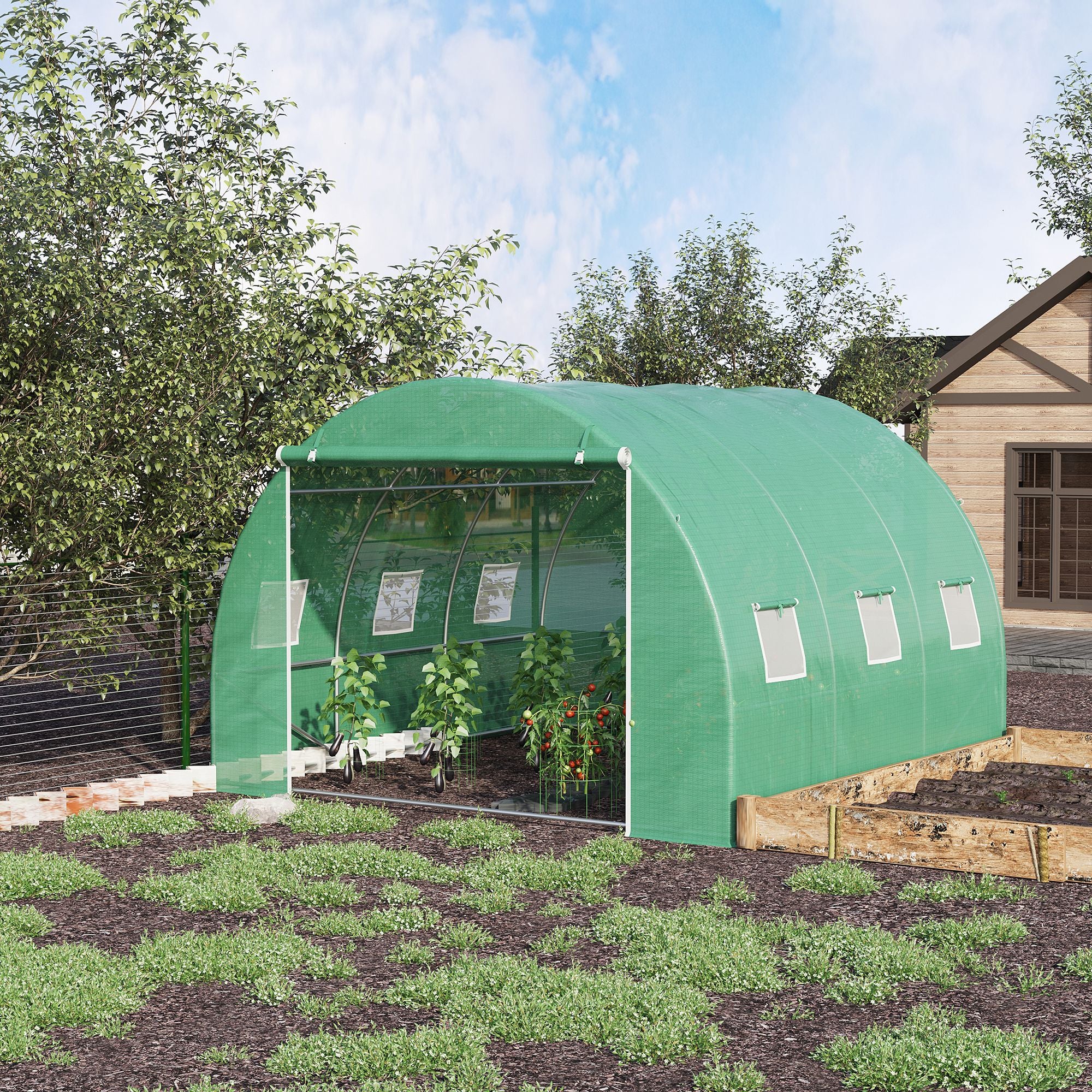9 sqm Garden Greenhouse, 3 x 3 x 2 m Garden Tunnel Greenhouse with Roll-Up Door and 6 Mesh Windows, Steel and High-Density PE, UV-Resistant, Green