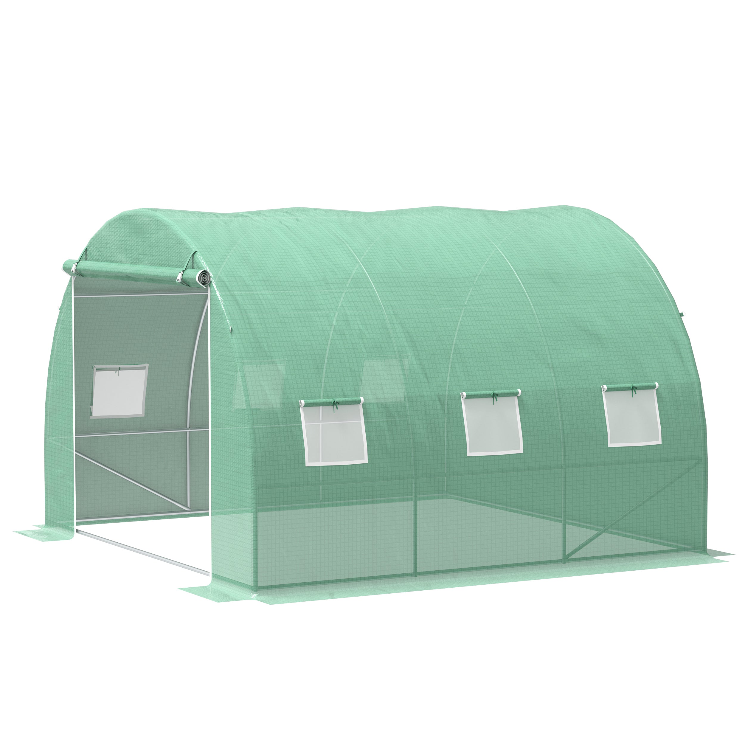 9 sqm Garden Greenhouse, 3 x 3 x 2 m Garden Tunnel Greenhouse with Roll-Up Door and 6 Mesh Windows, Steel and High-Density PE, UV-Resistant, Green