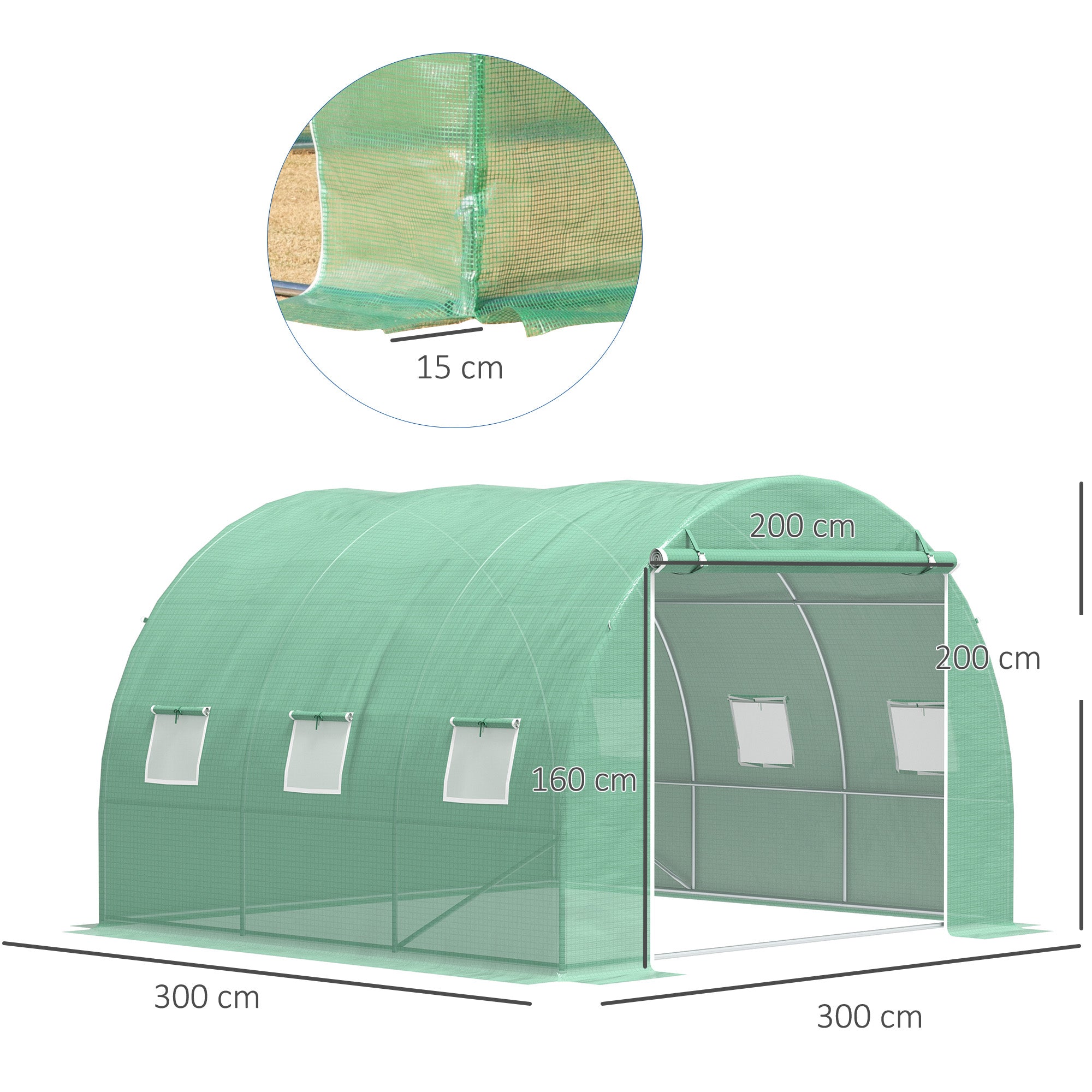 9 sqm Garden Greenhouse, 3 x 3 x 2 m Garden Tunnel Greenhouse with Roll-Up Door and 6 Mesh Windows, Steel and High-Density PE, UV-Resistant, Green