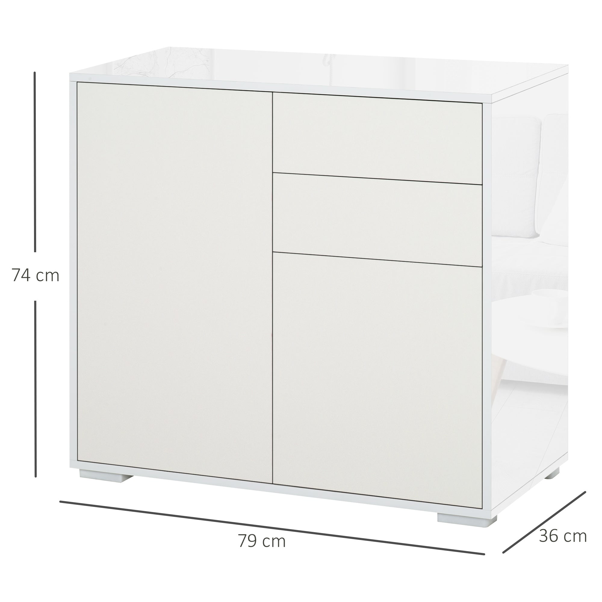 Kitchen Sideboard with 2 Doors 2 Drawers Glossy White Frame Adjustable Shelf Push-to-Open Storage Cabinet for Bedroom Living Room 79x36x74 cm White