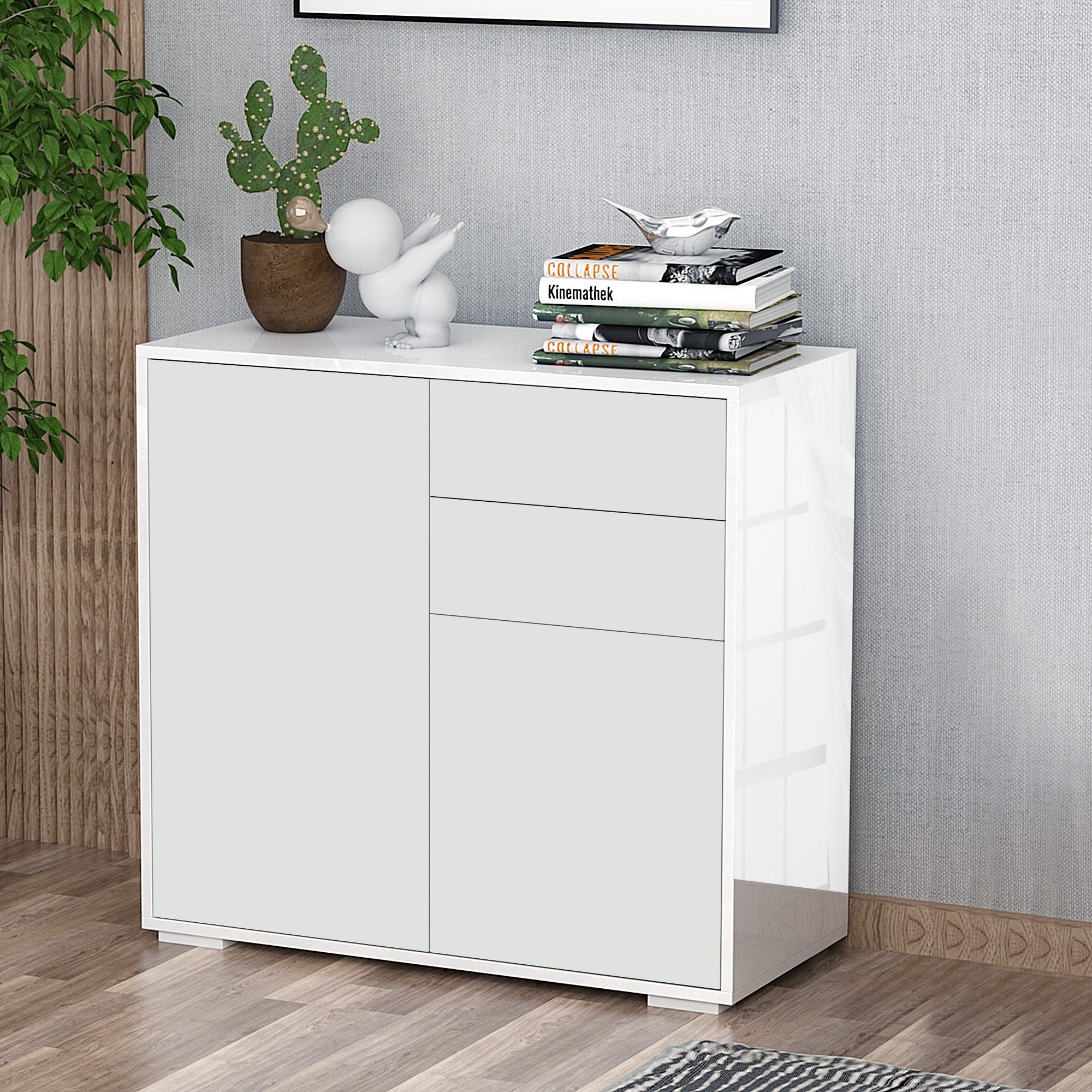 Kitchen Sideboard with 2 Doors 2 Drawers Glossy White Frame Adjustable Shelf Push-to-Open Storage Cabinet for Bedroom Living Room 79x36x74 cm White