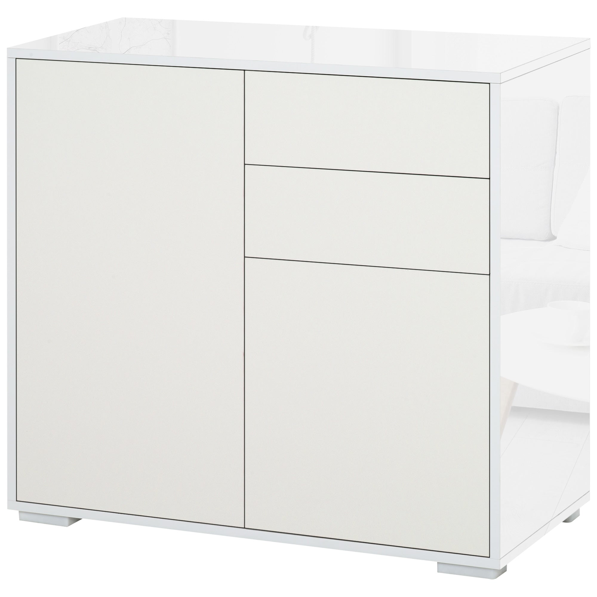 Kitchen Sideboard with 2 Doors 2 Drawers Glossy White Frame Adjustable Shelf Push-to-Open Storage Cabinet for Bedroom Living Room 79x36x74 cm White