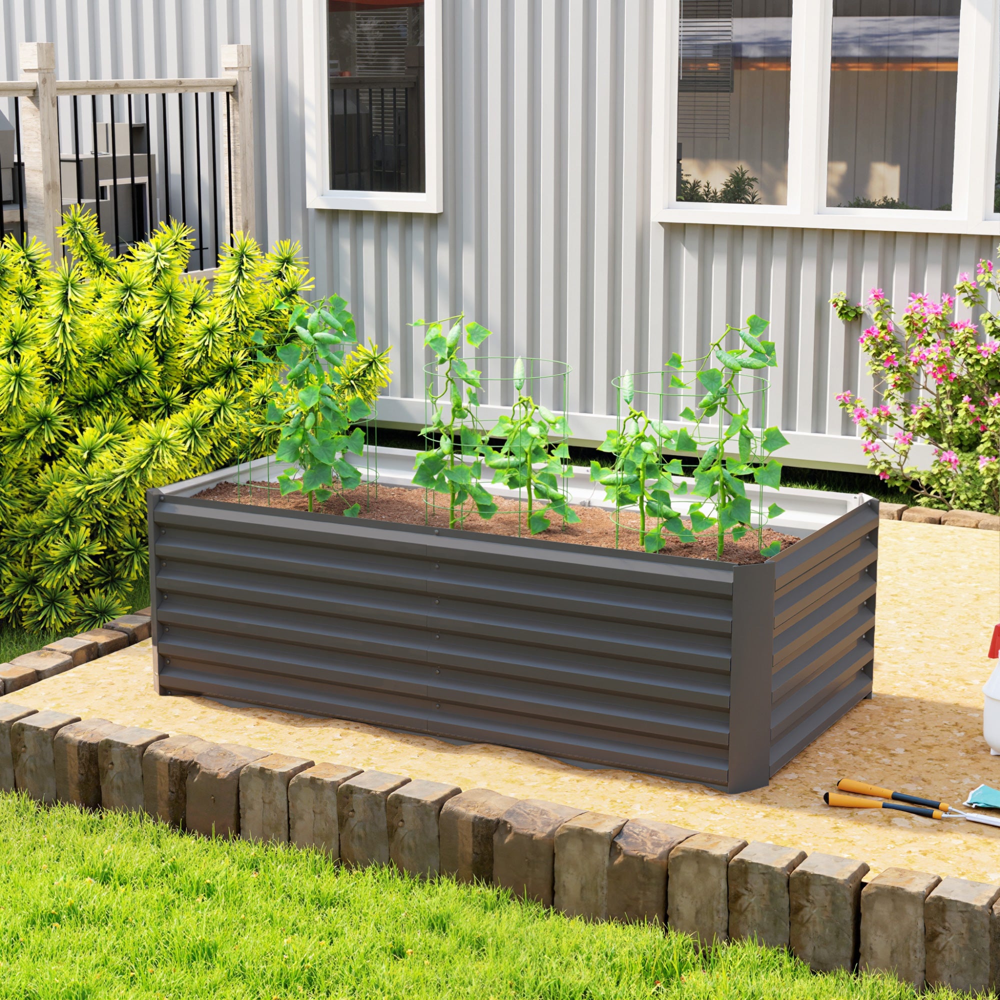 Galvanized Steel Raised Garden Bed 71 x 35.4 x 22.6 in — Deep Planter with Support Rods & Open Bottom, Weatherproof Herb and Vegetable Planter for Garden & Balcony, Dark Gray
