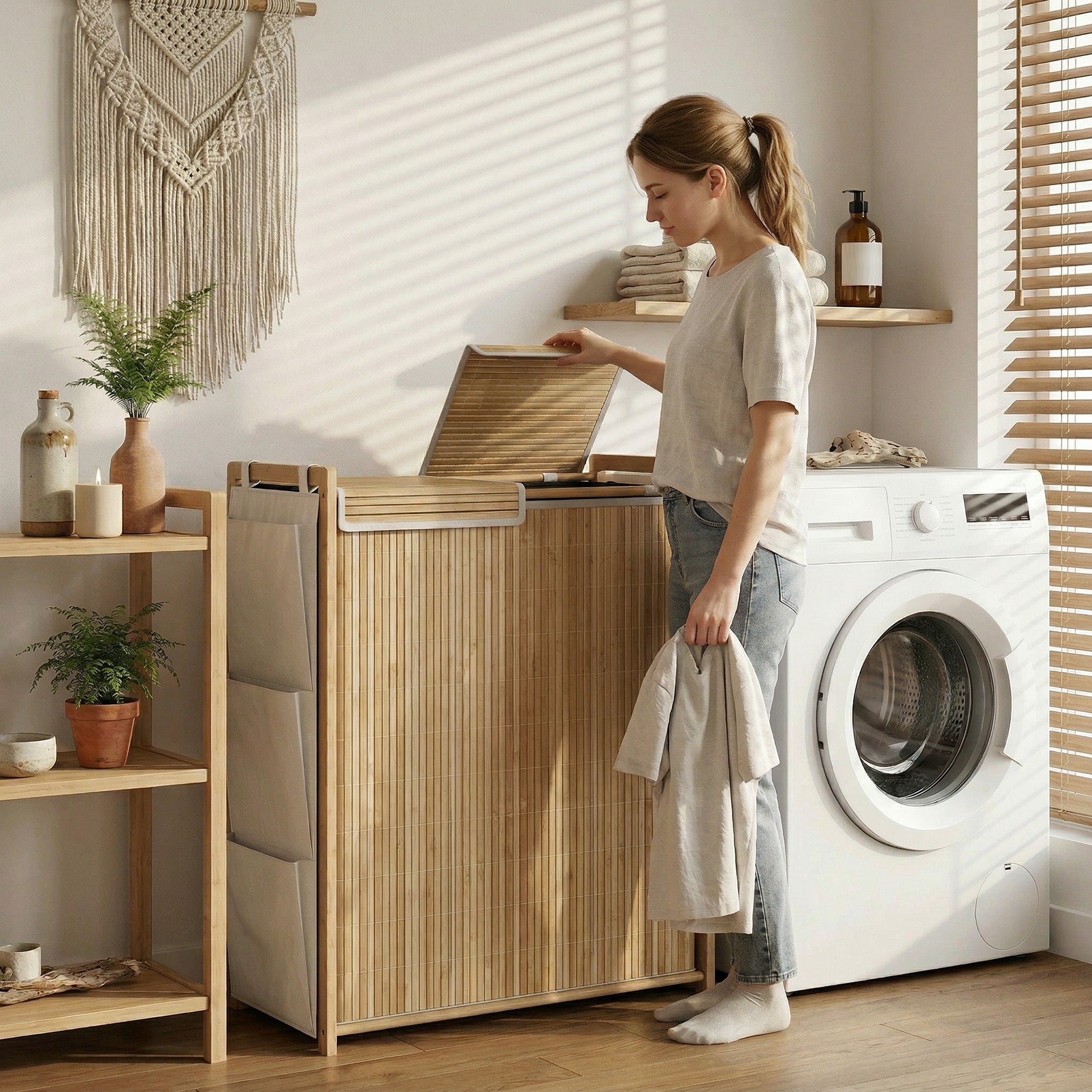 120L Bamboo Laundry Hamper with Lid, 2 Compartments, Removable Drawstring Washable Liners, Side Pockets, 24.8 x 13.0 x 30.7 in, Natural
