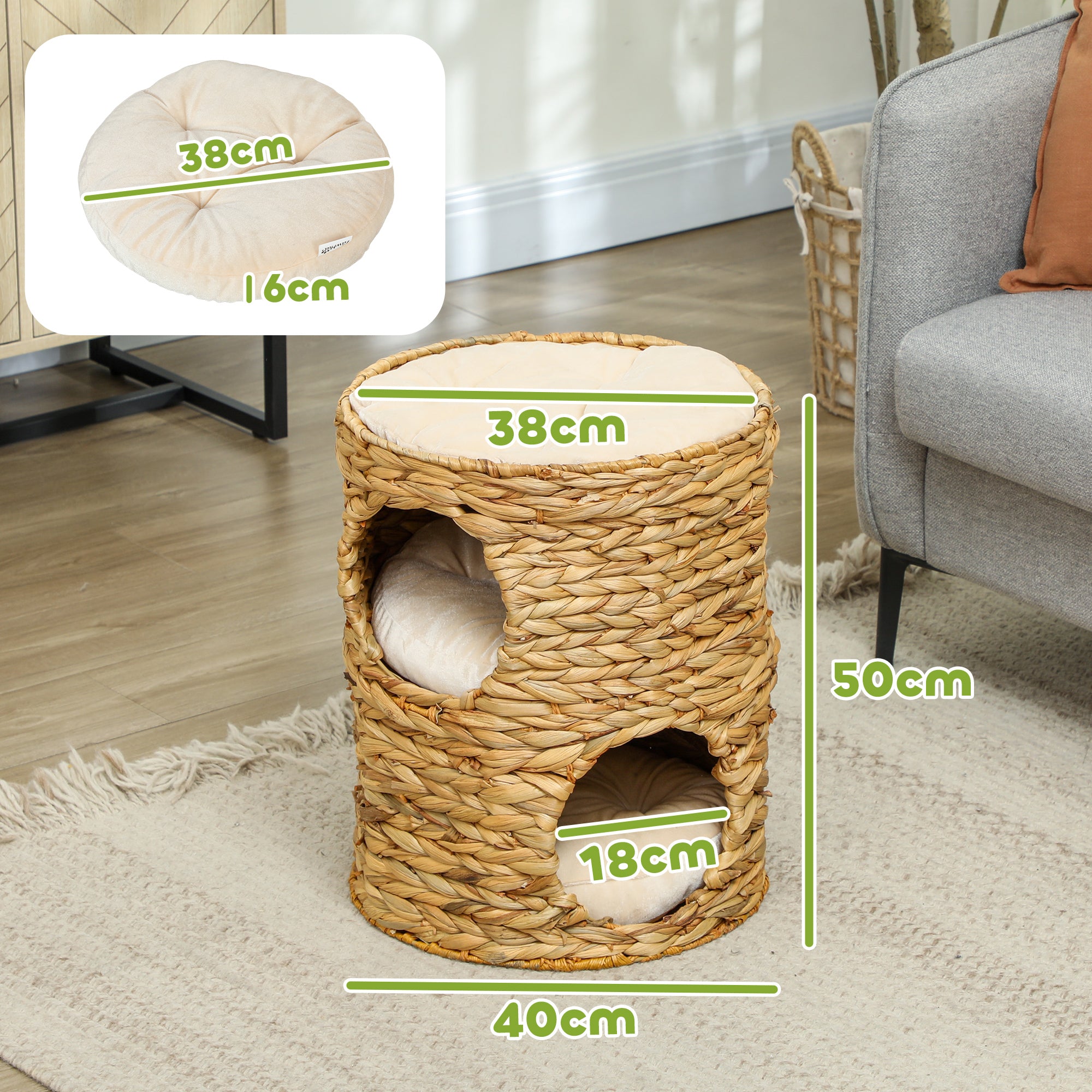 Scratching Post, 50 cm High Cat Tower with 2 Caves, Scratching Post with Cushion, Cat Tower Made of Water Hyacinth, for Cat up to 3.5 kg, Light Brown