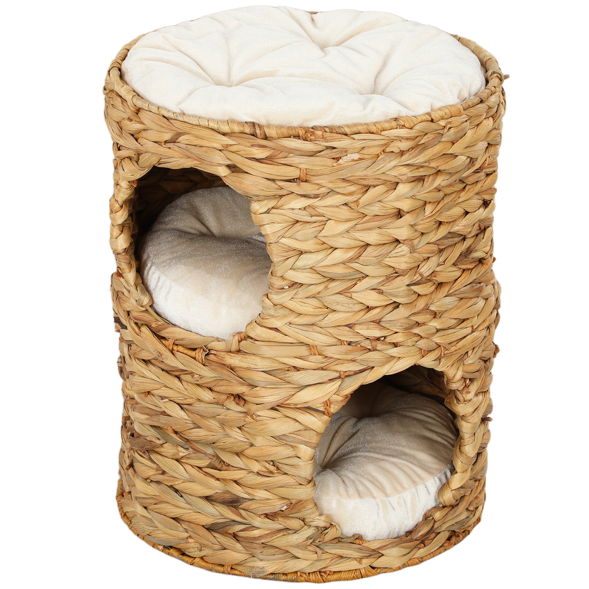 Scratching Post, 50 cm High Cat Tower with 2 Caves, Scratching Post with Cushion, Cat Tower Made of Water Hyacinth, for Cat up to 3.5 kg, Light Brown