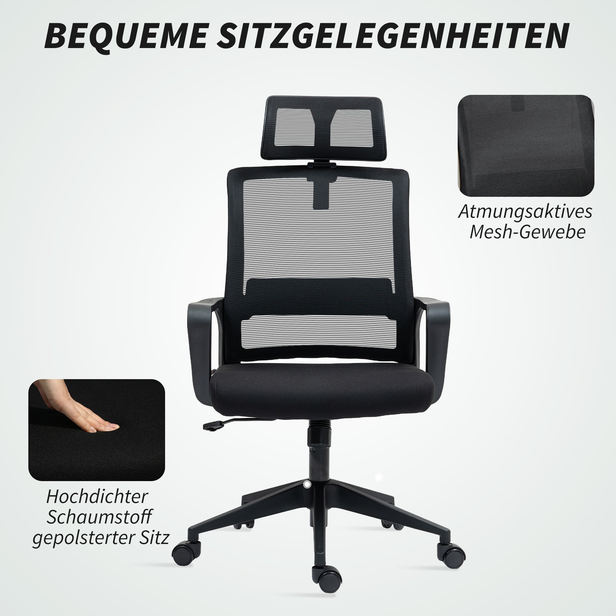 Office Chair Ergonomic Desk Chair with Armrest, Adjustable Headrest, Height Adjustable Mesh Swivel Chair with Tilt Function, Black