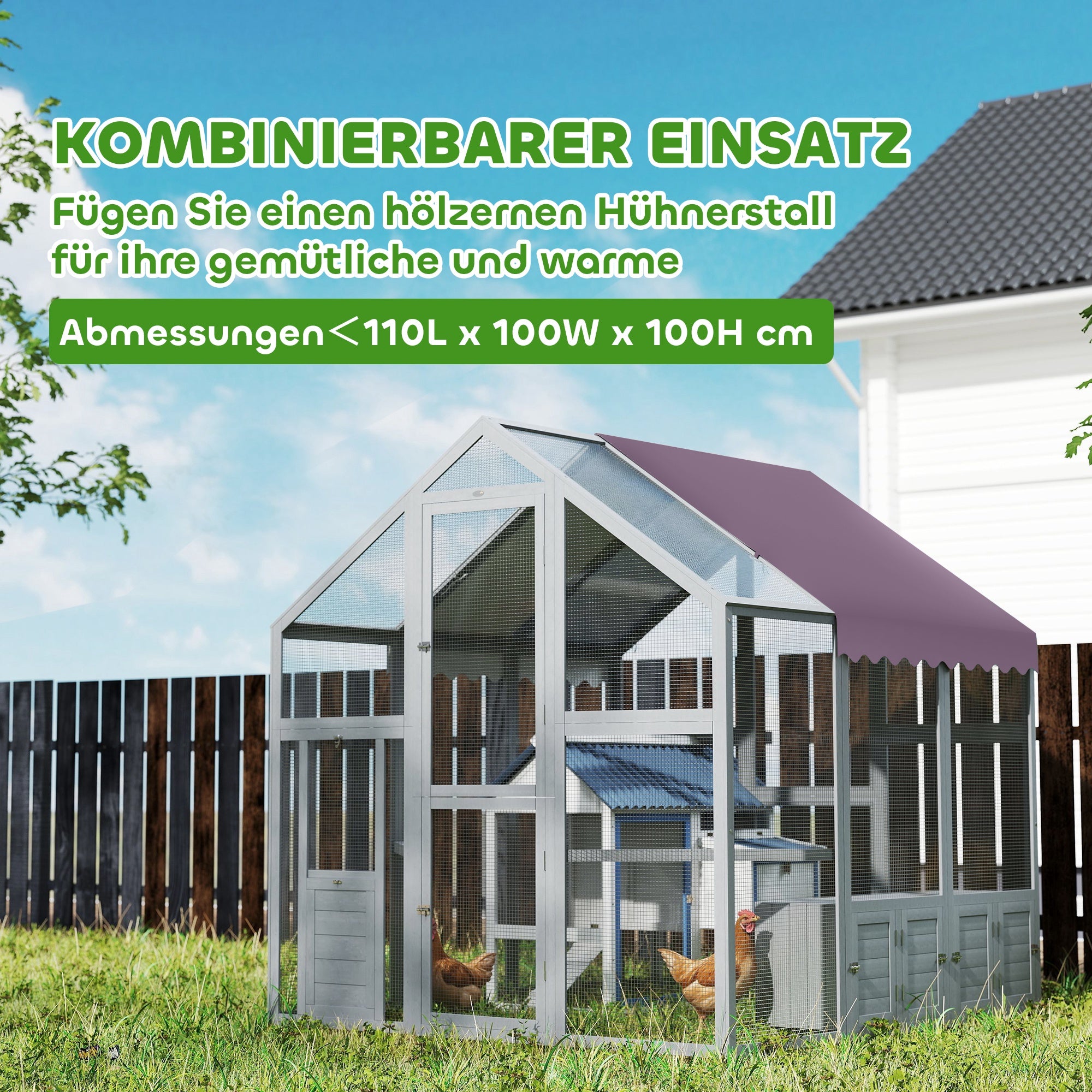 Chicken Coop Run 1.7x1.8x1.8 m Outdoor Enclosure with Lock Tannin Wood Chicken House with Waterproof, Anti-UV Roof Outdoor Poultry Shed for Chicken Coop, 6-8 Chickens, Ducks, Rabbits, Gray
