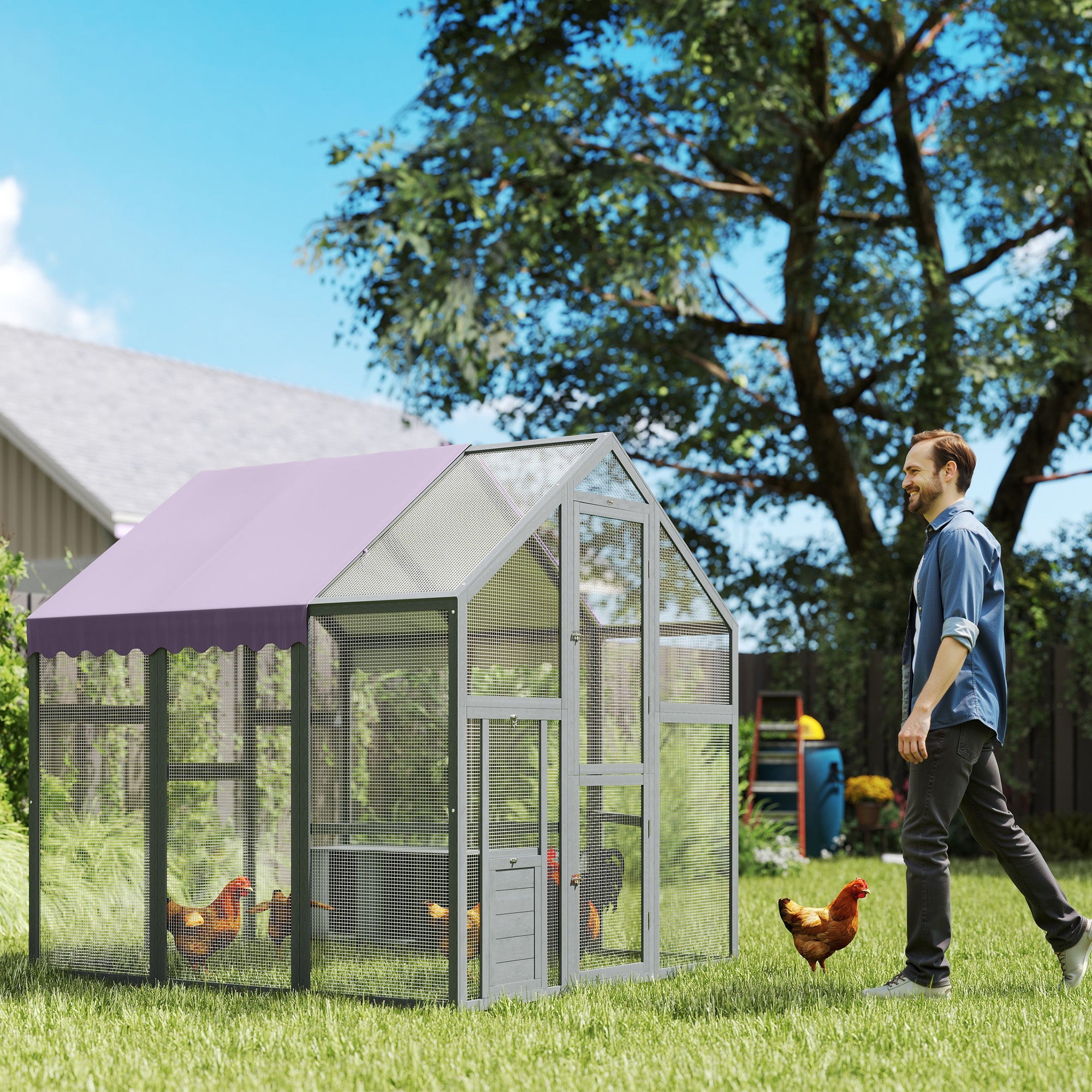 Chicken Coop Run 1.7x1.8x1.8 m Outdoor Enclosure with Lock Tannin Wood Chicken House with Waterproof, Anti-UV Roof Outdoor Poultry Shed for Chicken Coop, 6-8 Chickens, Ducks, Rabbits, Gray