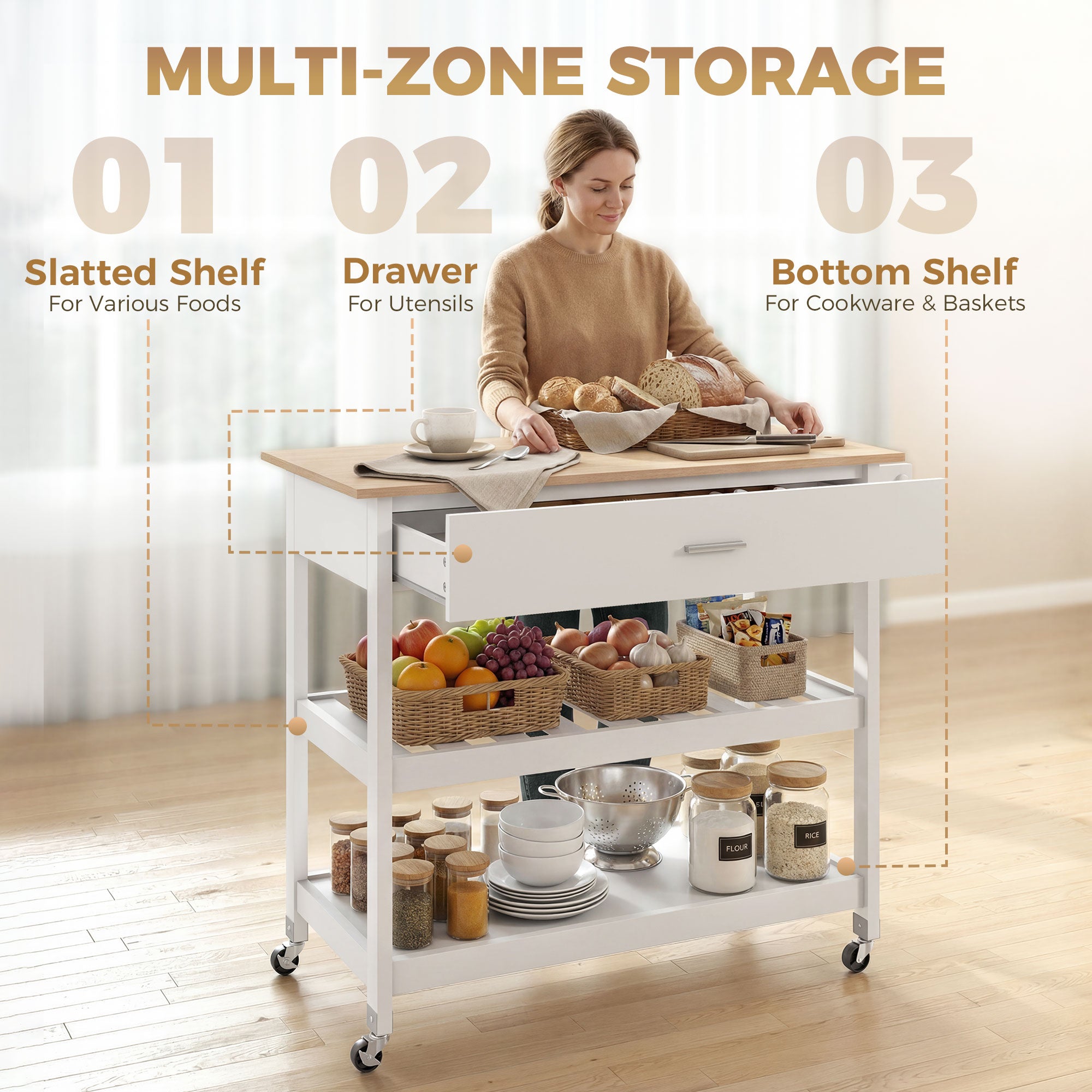 3-Tier Serving Cart with Large Worktop, Drawer & 2 Open Shelves, Towel Rack, Rolling Kitchen Trolley, White — 108.8 x 51 x 92.5 cm (42.8 x 20.1 x 36.4 in)