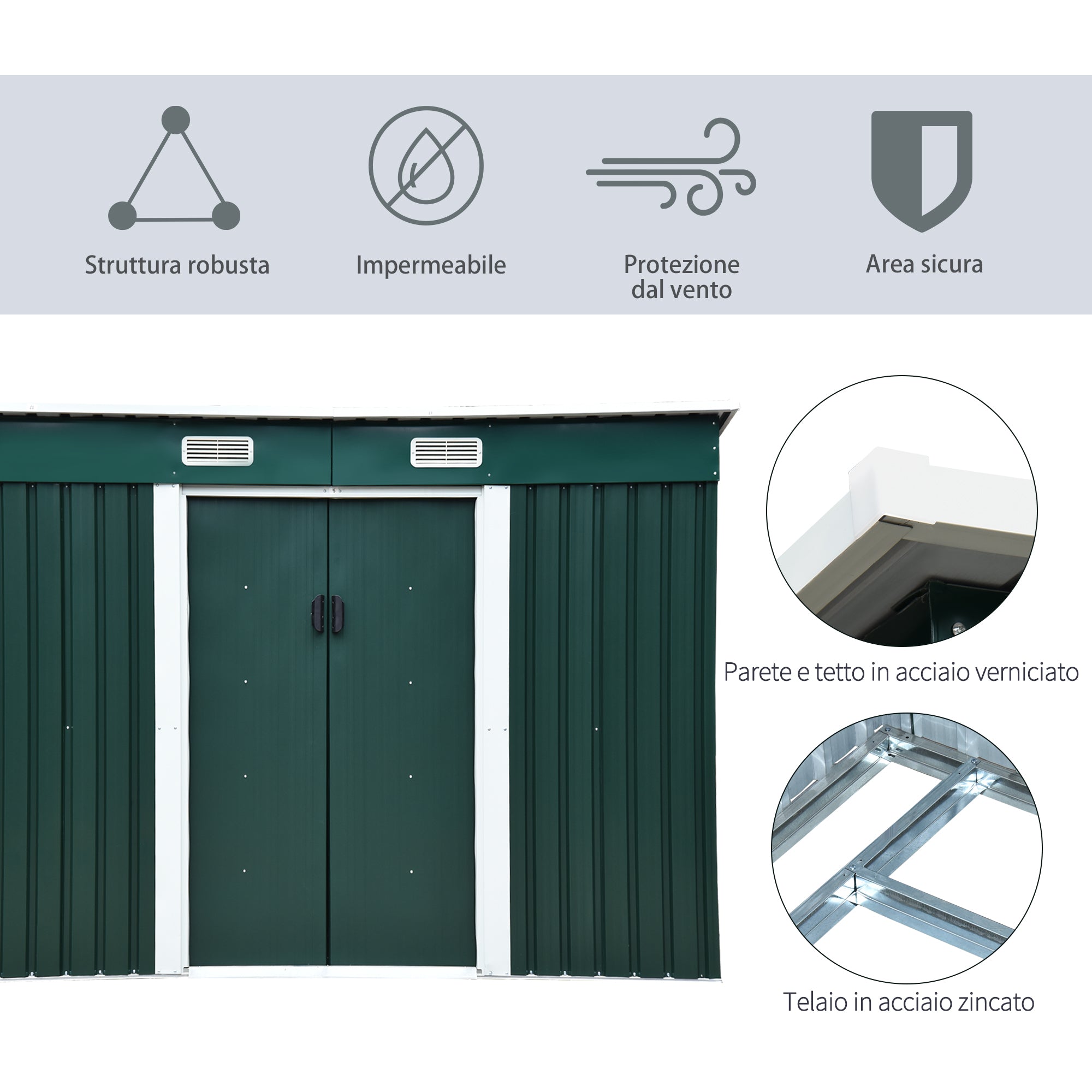 Garden Tool Shed in Steel, Storage Shed with 2 Sliding Doors, 261x131x160/182cm, Green
