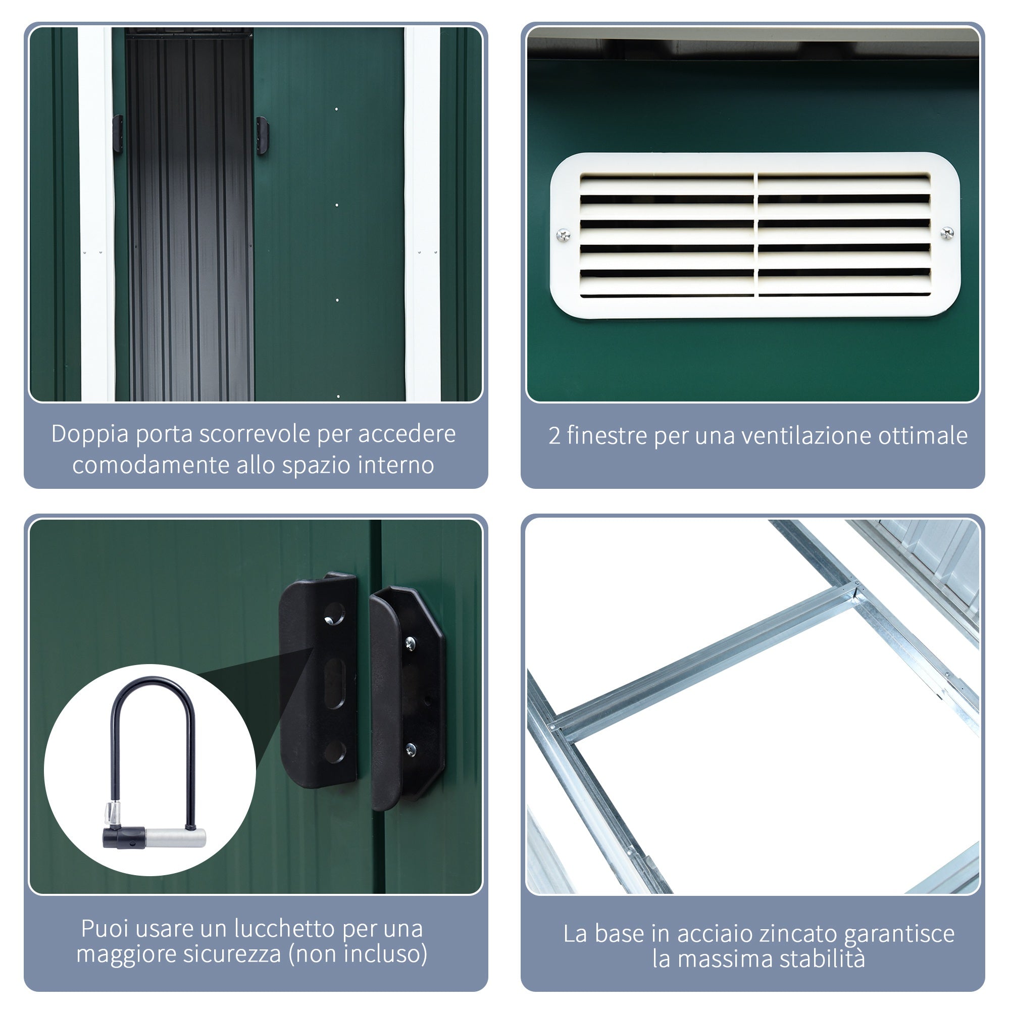 Garden Tool Shed in Steel, Storage Shed with 2 Sliding Doors, 261x131x160/182cm, Green