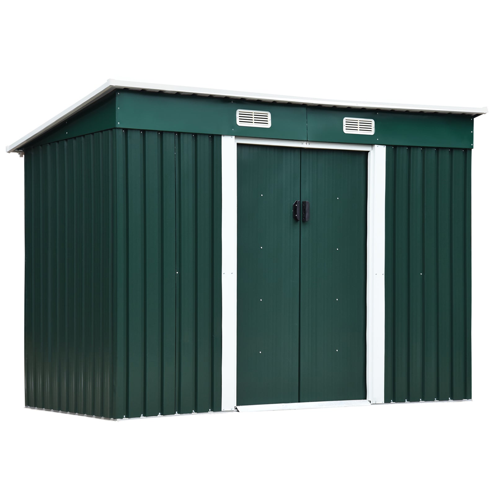 Garden Tool Shed in Steel, Storage Shed with 2 Sliding Doors, 261x131x160/182cm, Green