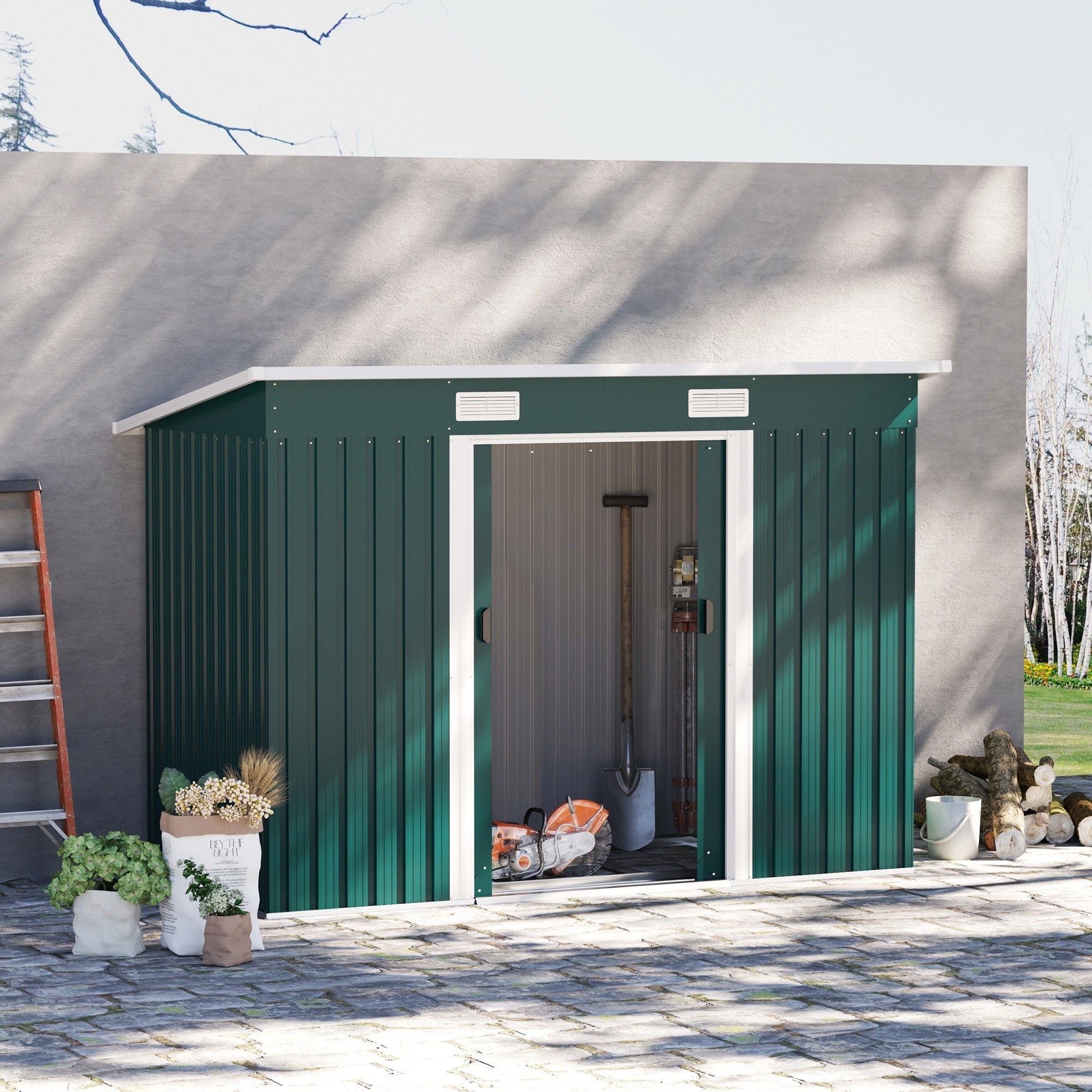 Garden Tool Shed in Steel, Storage Shed with 2 Sliding Doors, 261x131x160/182cm, Green