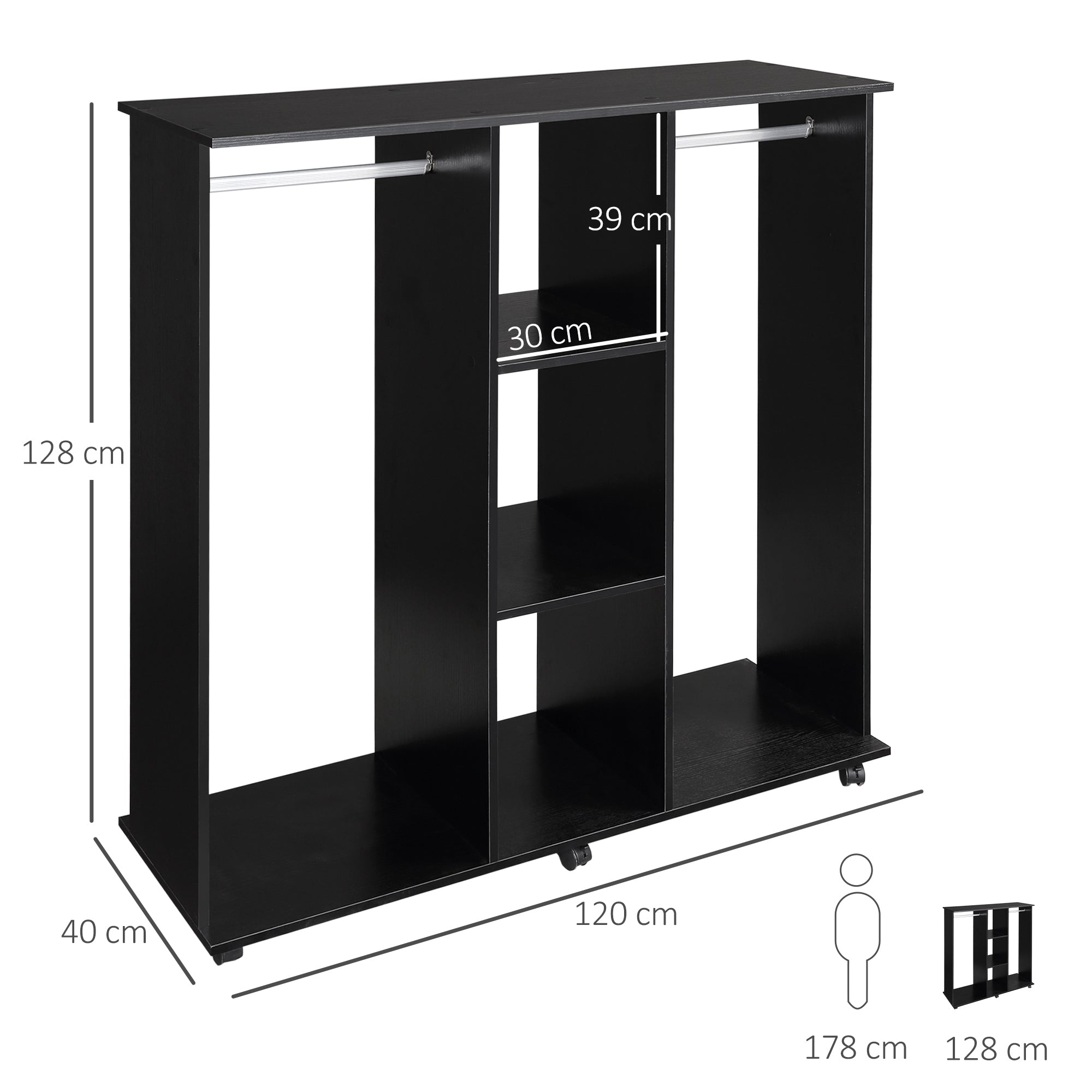 Mobile Storage Wardrobe Closet 6 Wheels 120L x 40W x 128H cm Wood Black