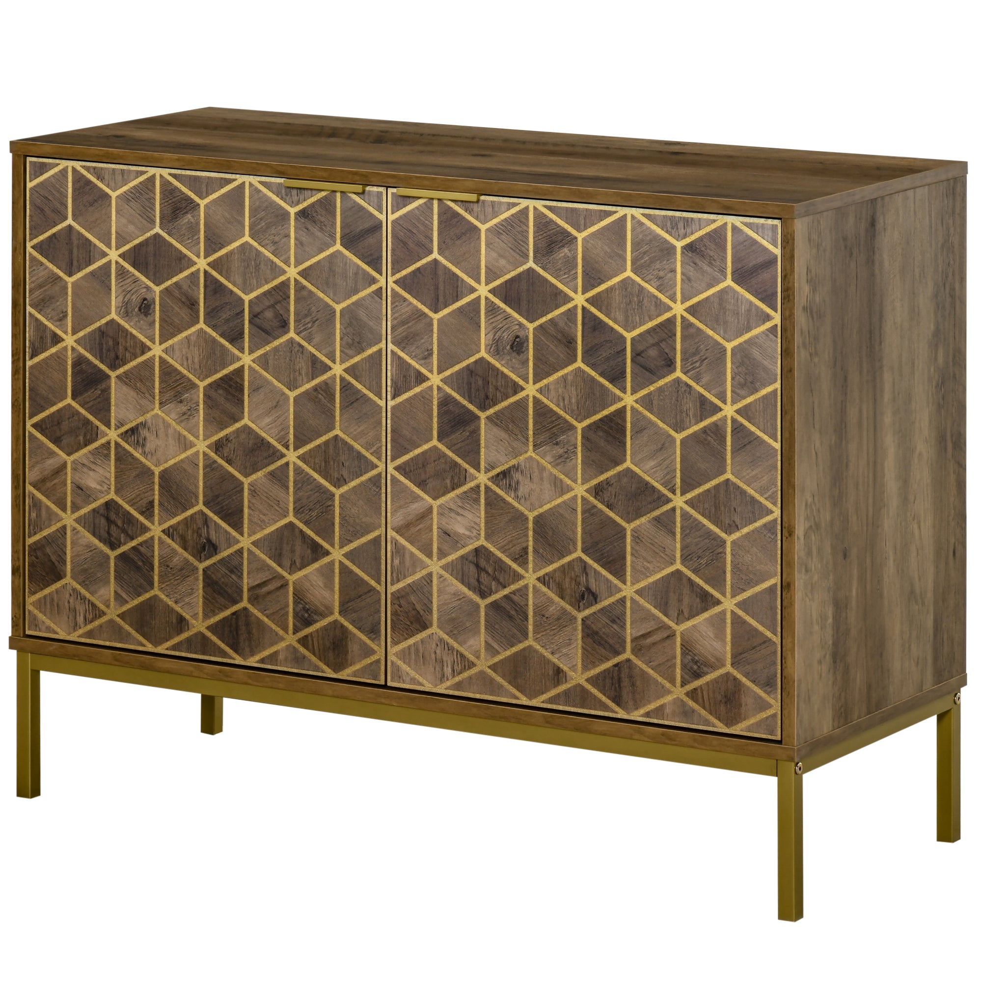 Entryway and Living Room Wooden 2-Door Buffet, Modern Sideboard with Gold Decors and Steel Legs, 99x39x75.5cm