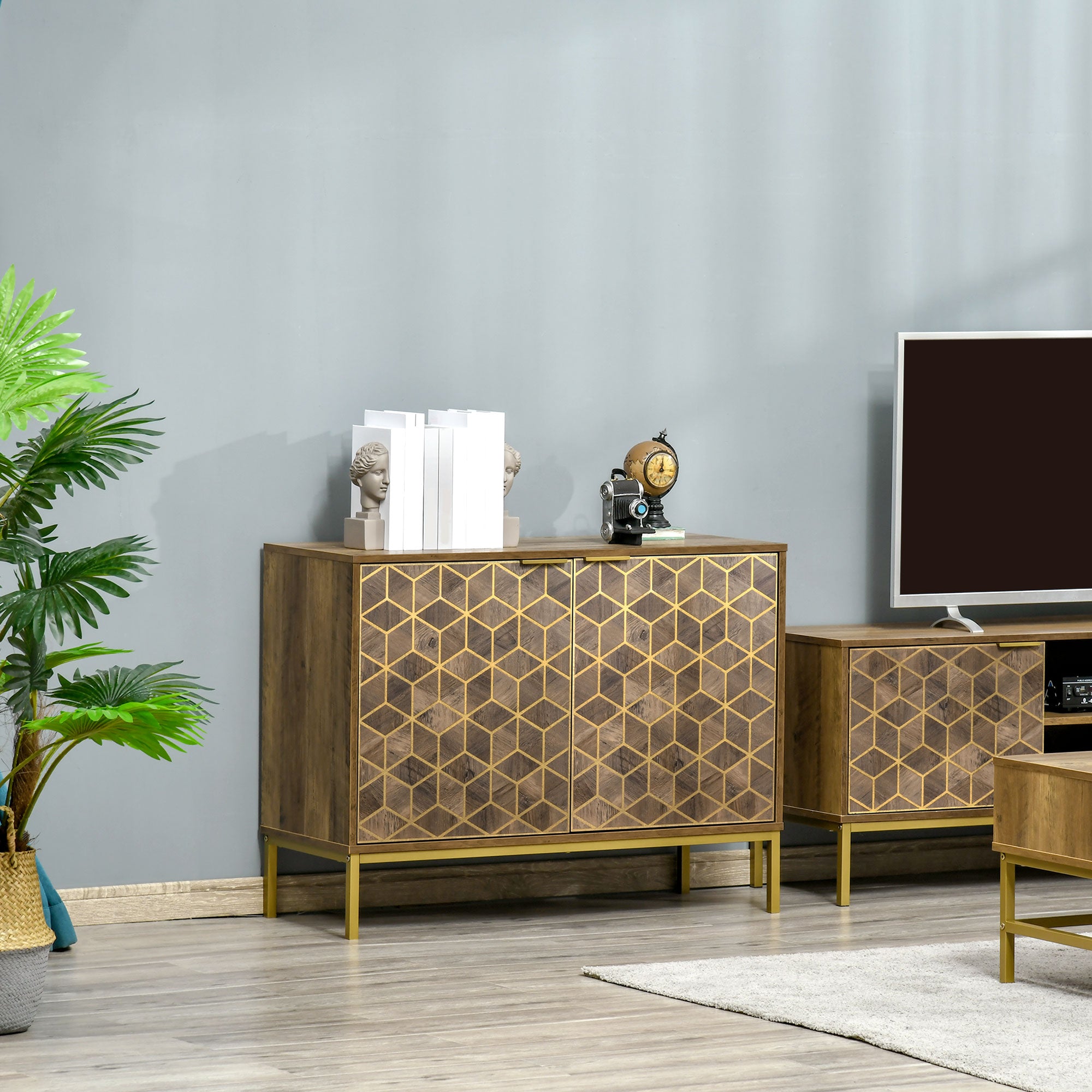 Entryway and Living Room Wooden 2-Door Buffet, Modern Sideboard with Gold Decors and Steel Legs, 99x39x75.5cm
