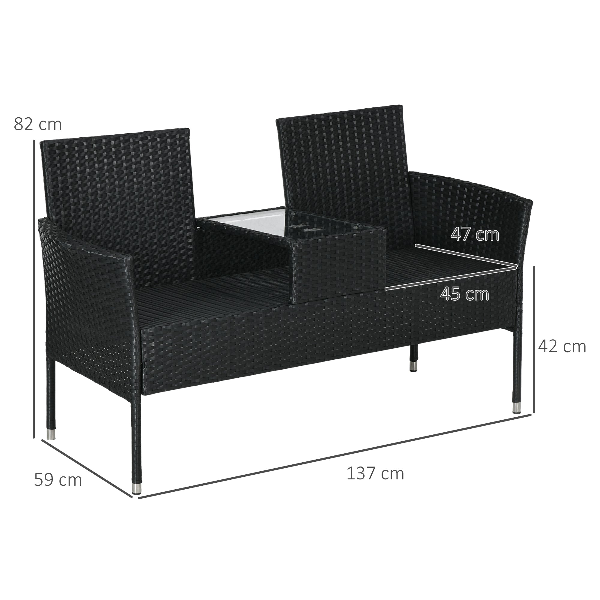 2-Seater Garden Bench with Central Coffee Table, PE Rattan Loveseat, Steel and Polyester, 137x59x82 cm, Black
