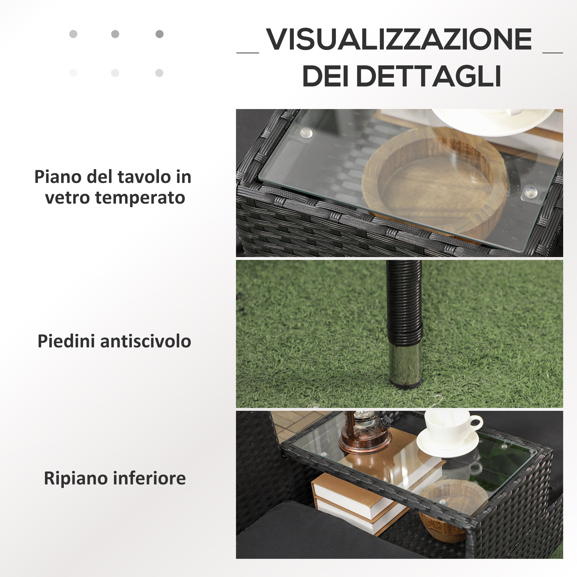 2-Seater Garden Bench with Central Coffee Table, PE Rattan Loveseat, Steel and Polyester, 137x59x82 cm, Black