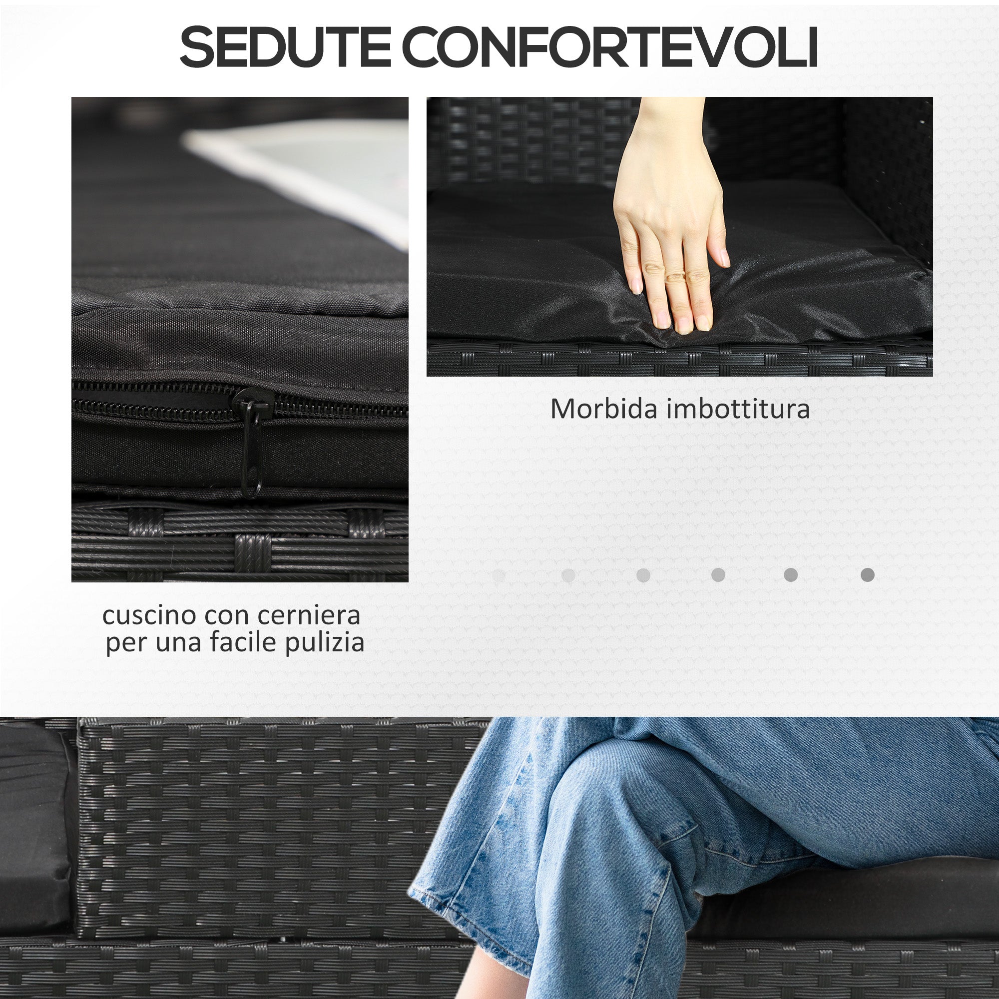 2-Seater Garden Bench with Central Coffee Table, PE Rattan Loveseat, Steel and Polyester, 137x59x82 cm, Black