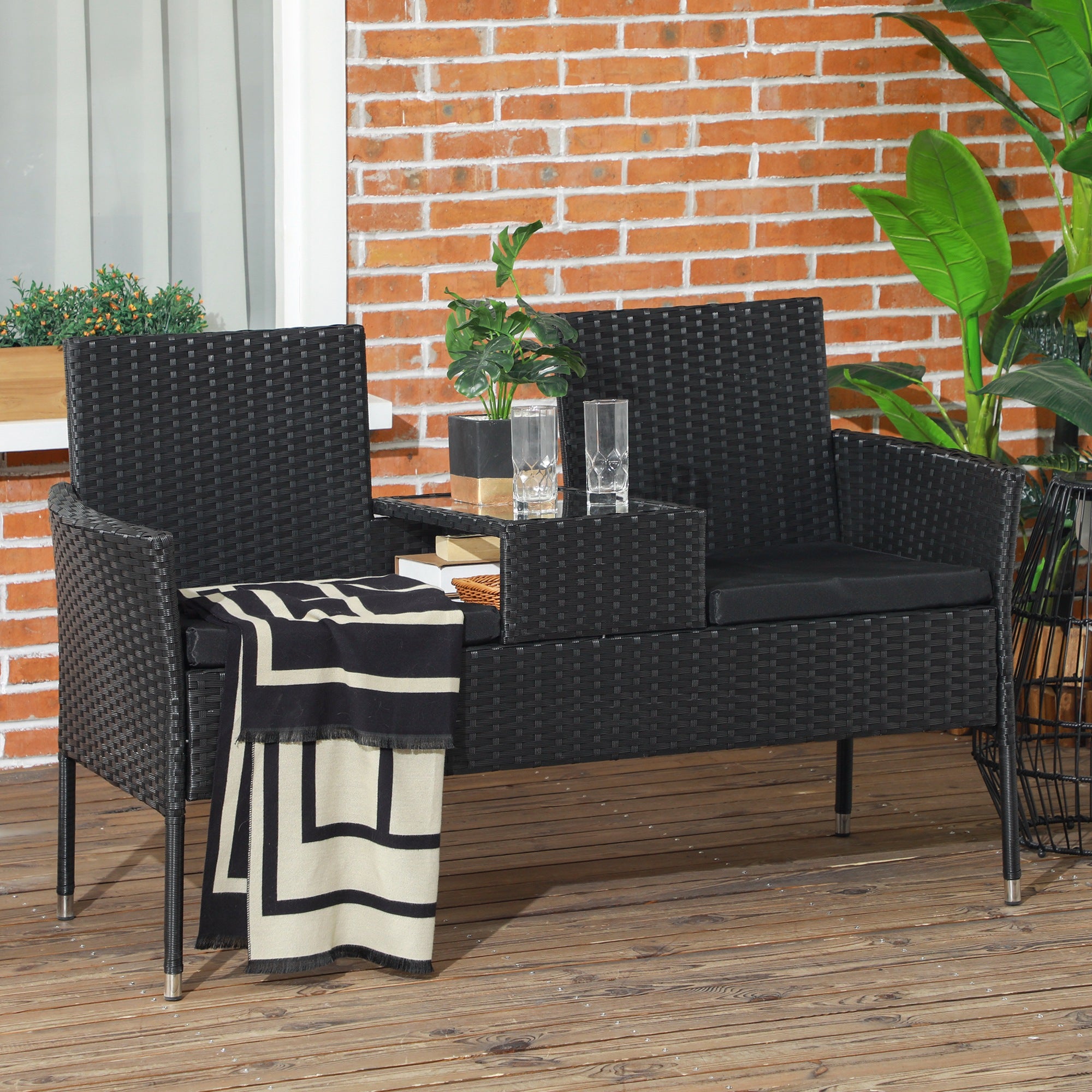 2-Seater Garden Bench with Central Coffee Table, PE Rattan Loveseat, Steel and Polyester, 137x59x82 cm, Black