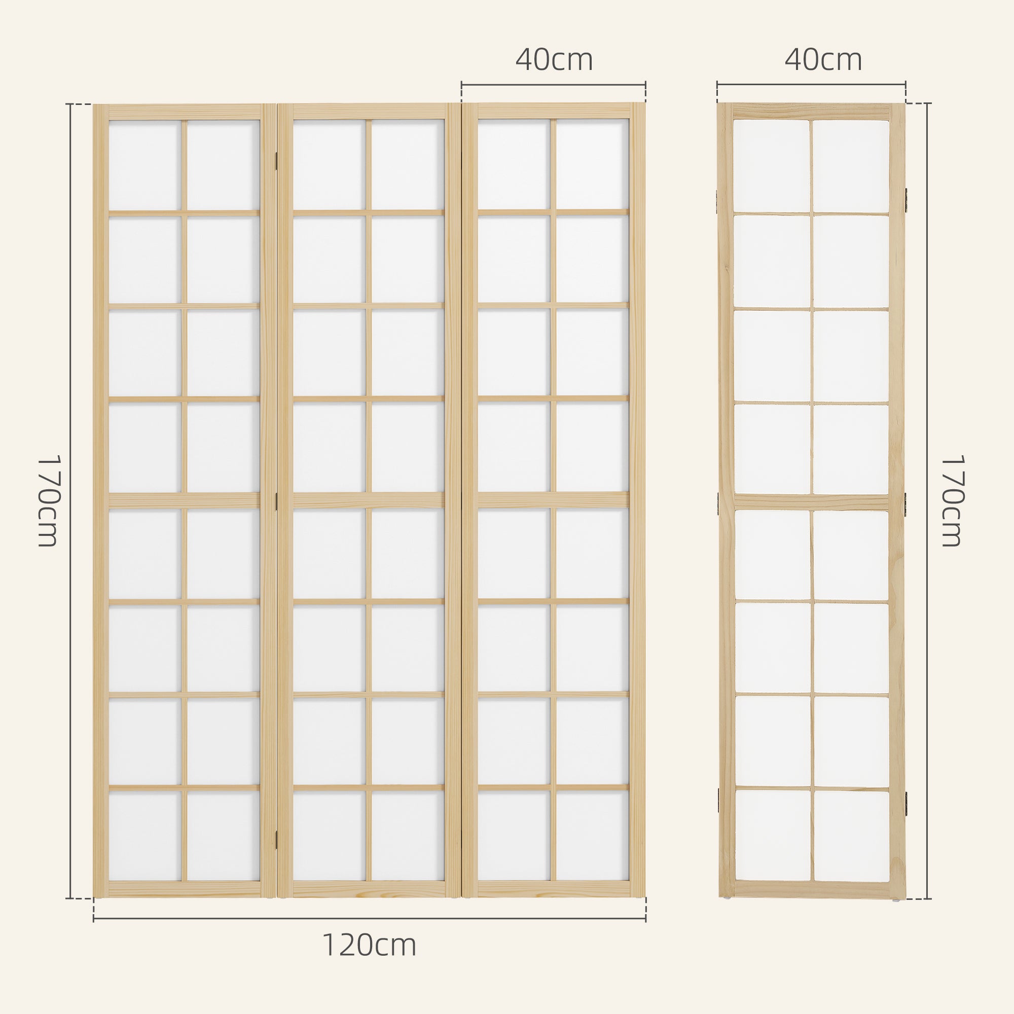 3-Panel Room Divider Folding Privacy Screen 120x170 cm Room Separator for Living Room Bedroom Office Pine Wood and White