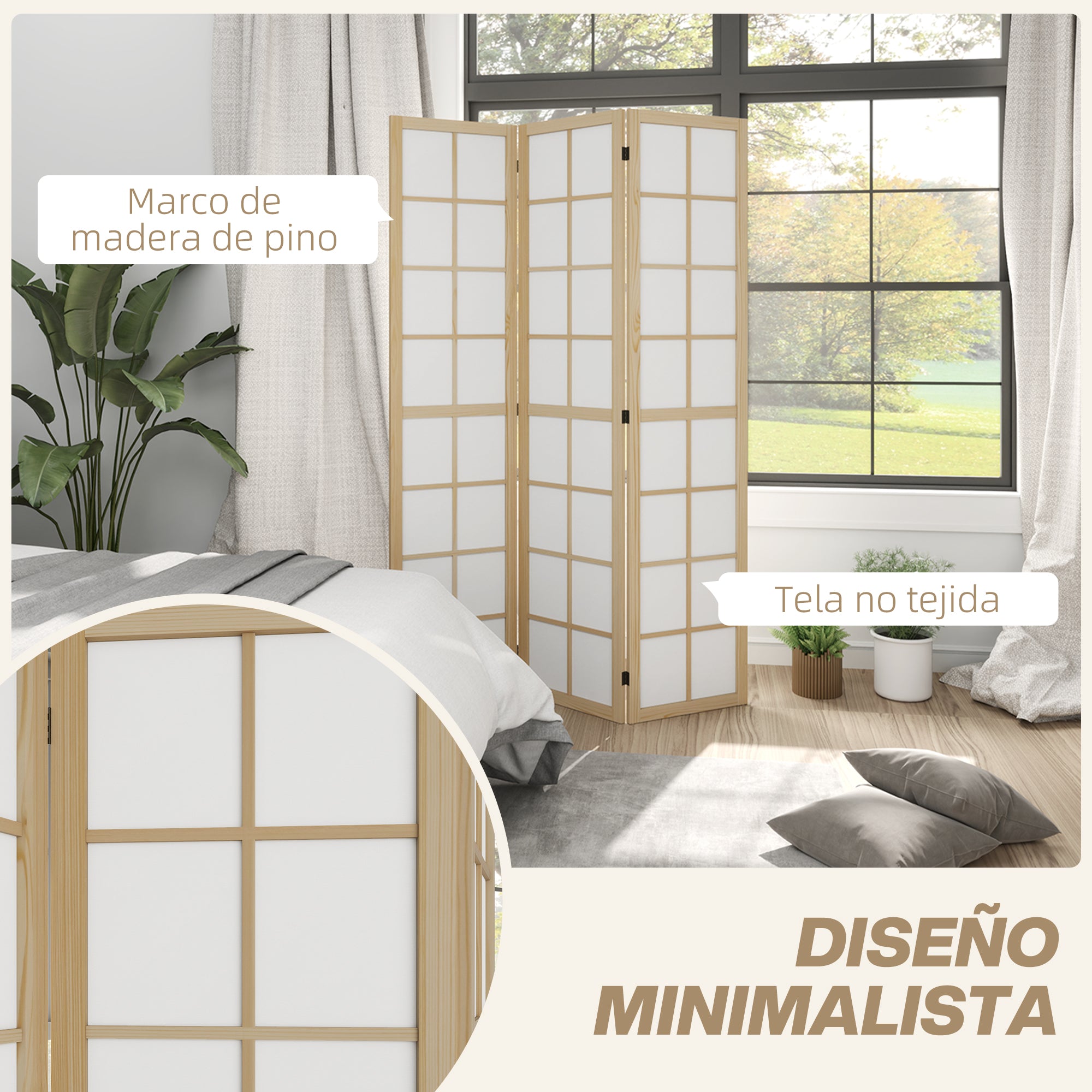 3-Panel Room Divider Folding Privacy Screen 120x170 cm Room Separator for Living Room Bedroom Office Pine Wood and White
