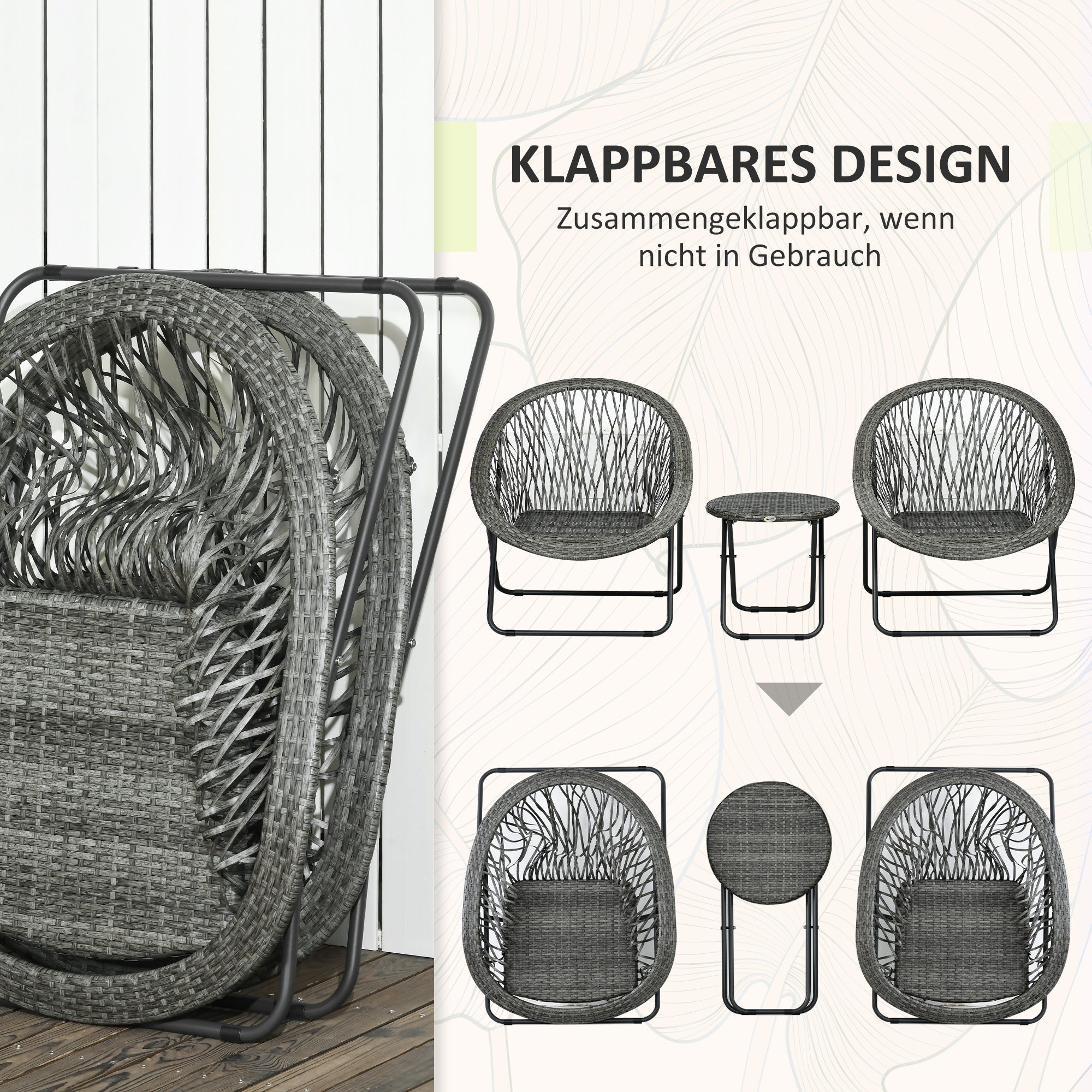 Poly Rattan Garden Furniture Set, Foldable Outdoor Seating for 2 Persons, 3-Piece Patio Furniture with 2 Chairs, Table, Weatherproof Patio Furniture for Garden, Patio, Grey