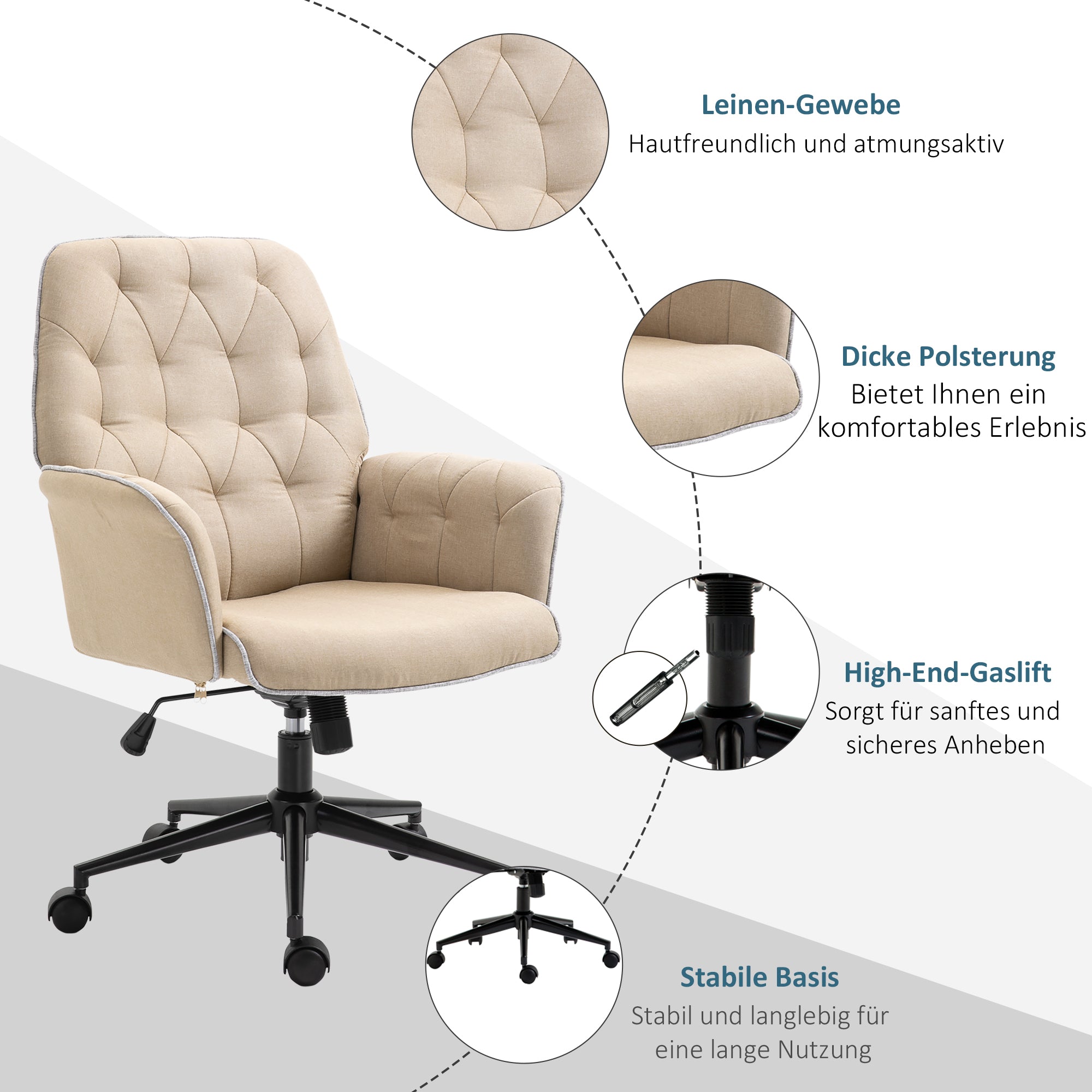 Office Chair with Rocking Function Swivel Chair Home Office Chair Height Adjustable Desk Chair Computer Chair Work Chair with Arms 360° Rotating Wheels Foam Beige 66 x 69 x 89.5-97 cm