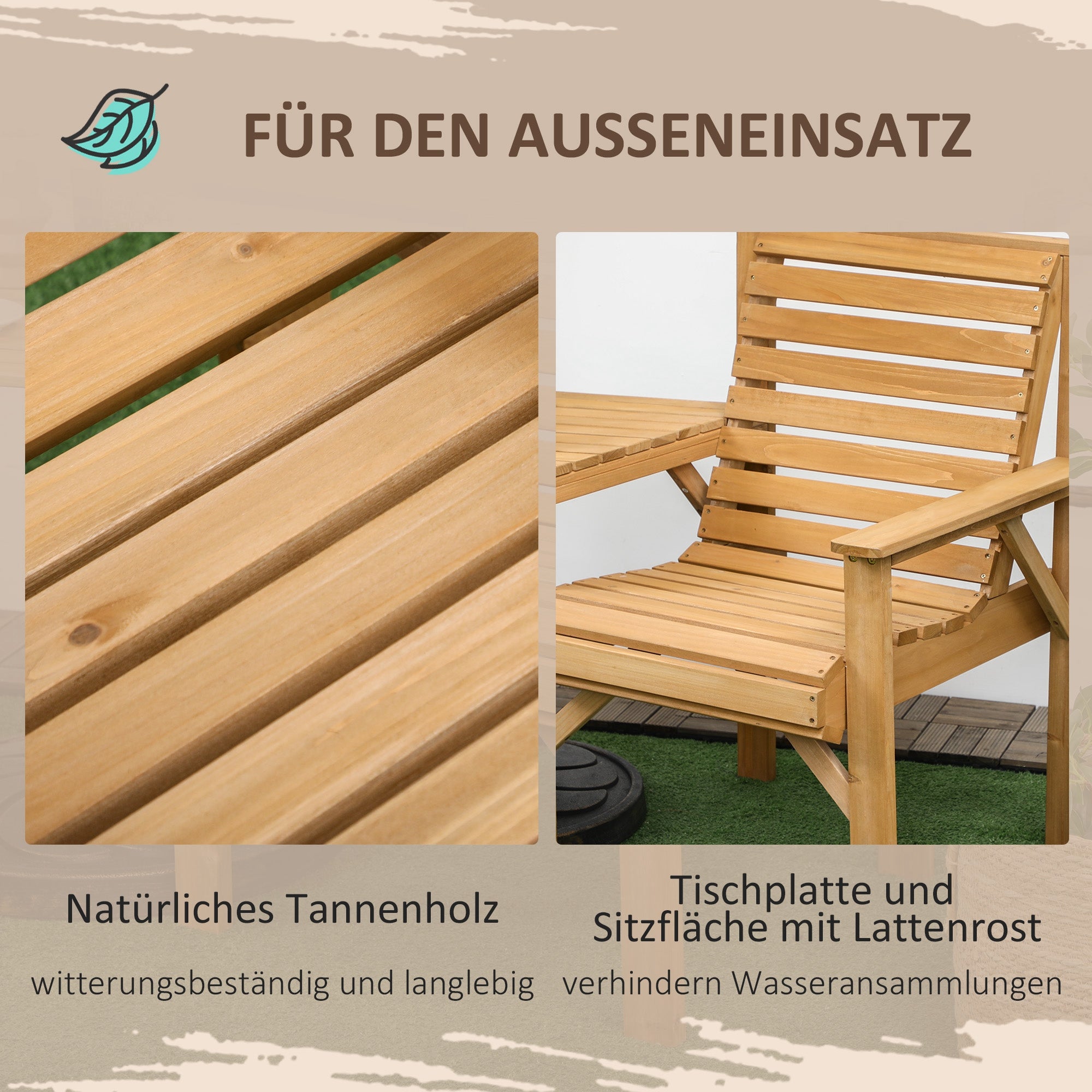 3-Piece Weatherproof Wooden Bistro Set – Slatted Design with Umbrella Hole, Brown (Pine)