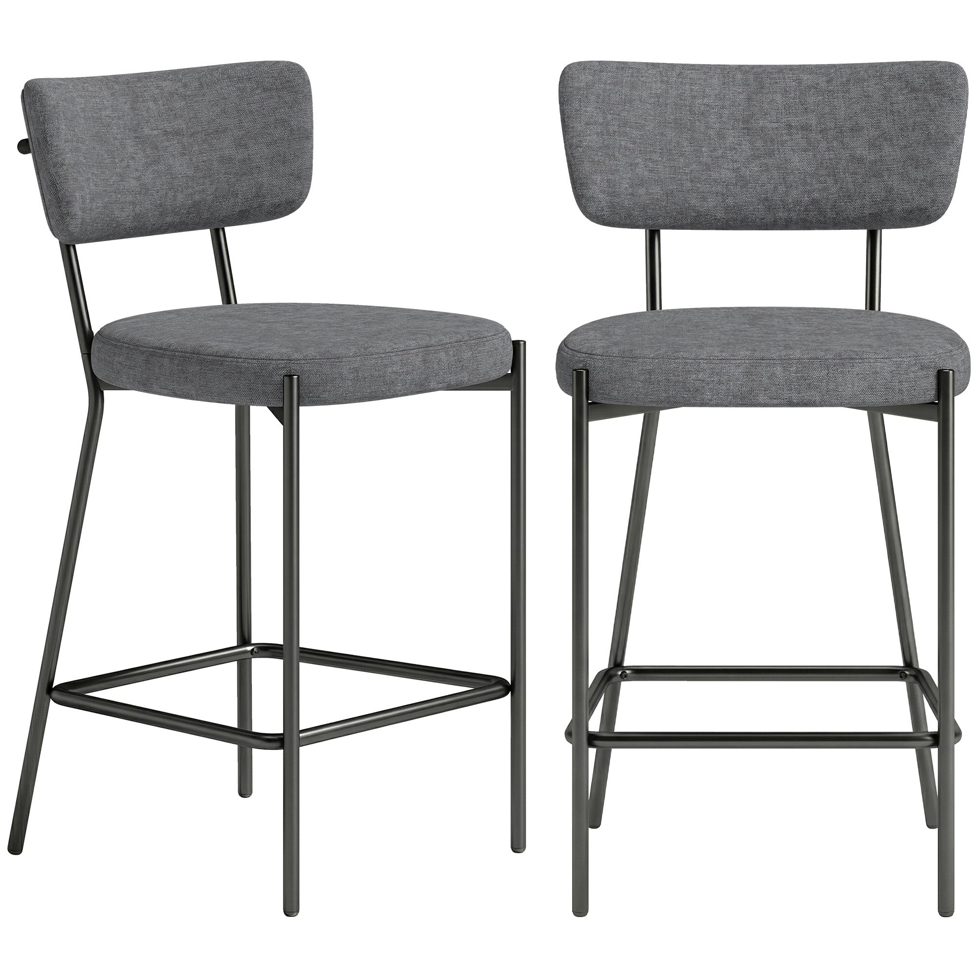 2-Piece Bar Stool Set — Upholstered Curved-Back Counter Stools with Footrest, Metal Frame, Linen-Look, 25" Seat Height, Gray