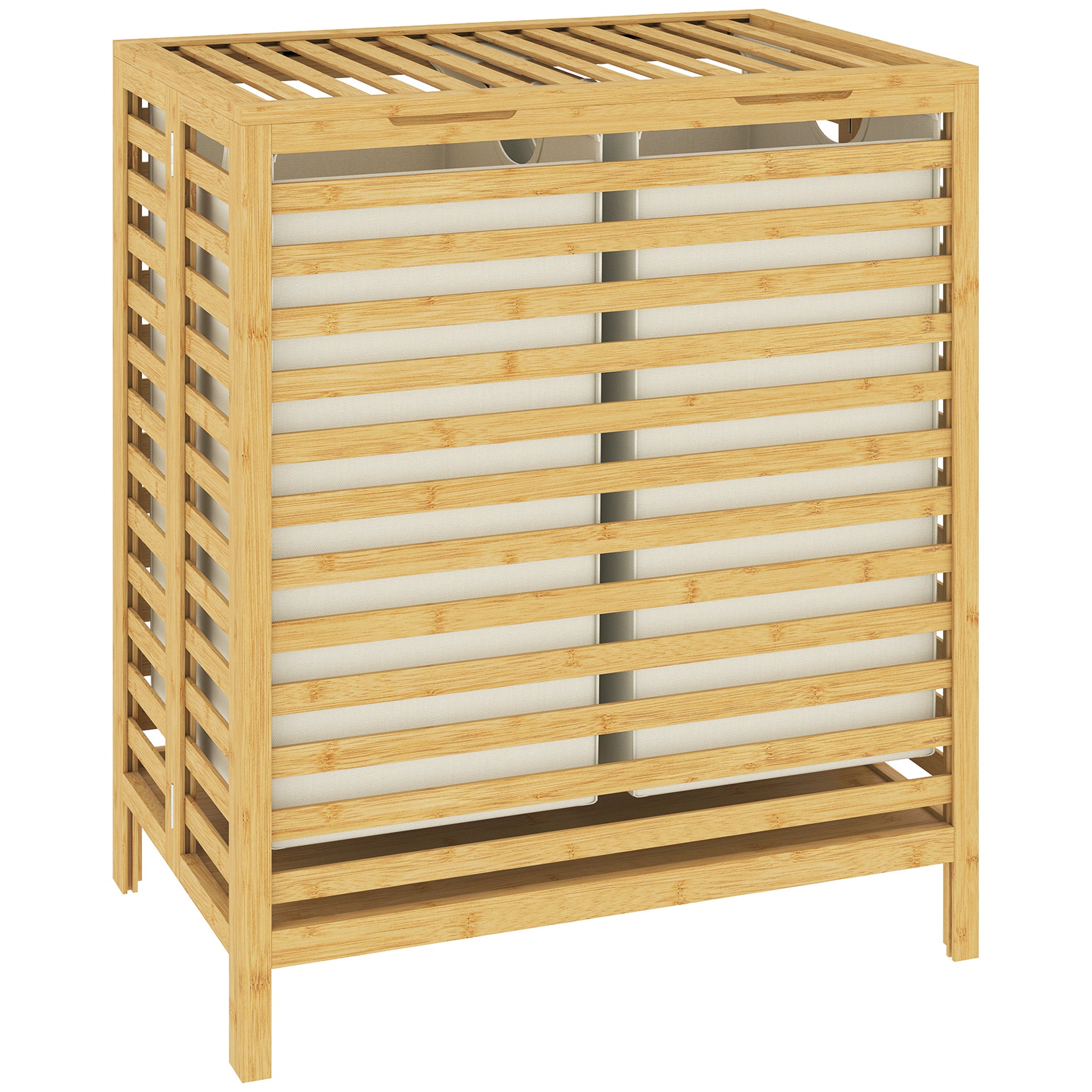 Bamboo Laundry Hamper with Lid, 64 L Double Laundry Bin with 2 Removable Washable Bags, Foldable Laundry Sorter for Bathroom & Bedroom, Natural & Cream White