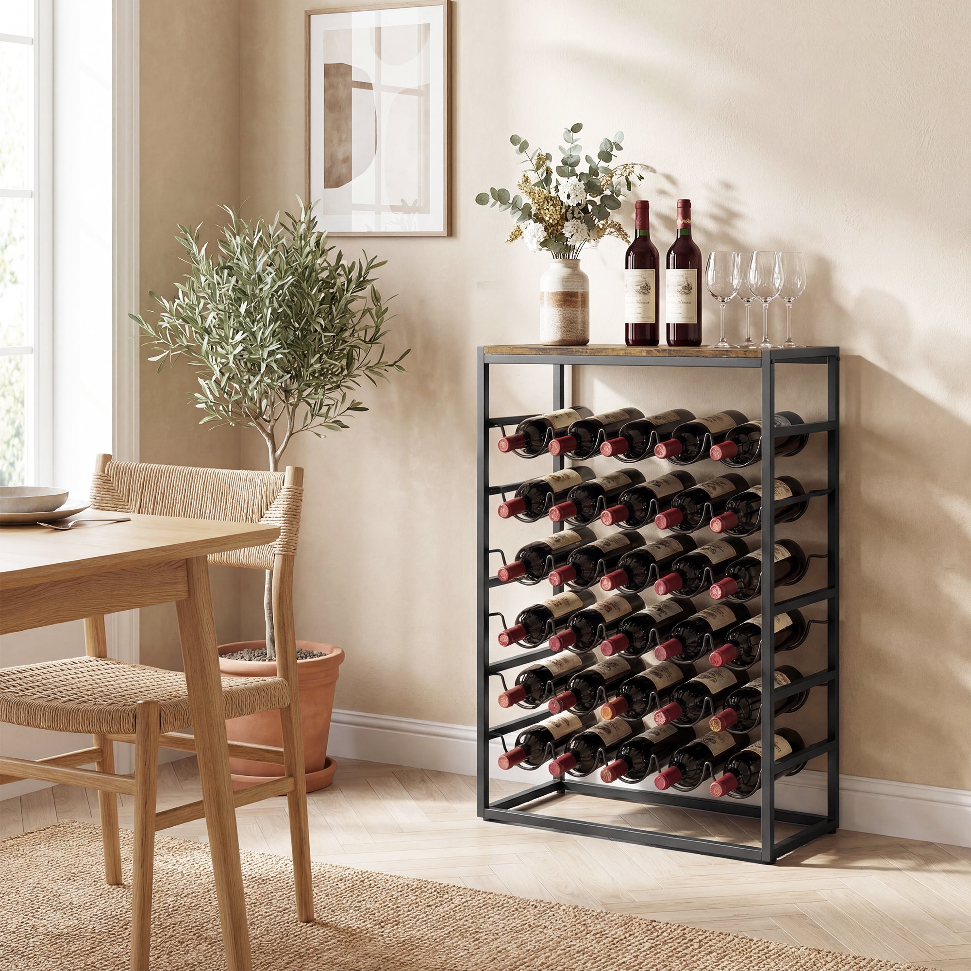 30-Bottle Wine Rack, 6-Tier Wood-Effect Top, Industrial Metal Shelf for Cellar, Bar, Basement — 23.2 x 11.8 x 34.8 in (59 x 30 x 88.5 cm), Rustic Brown