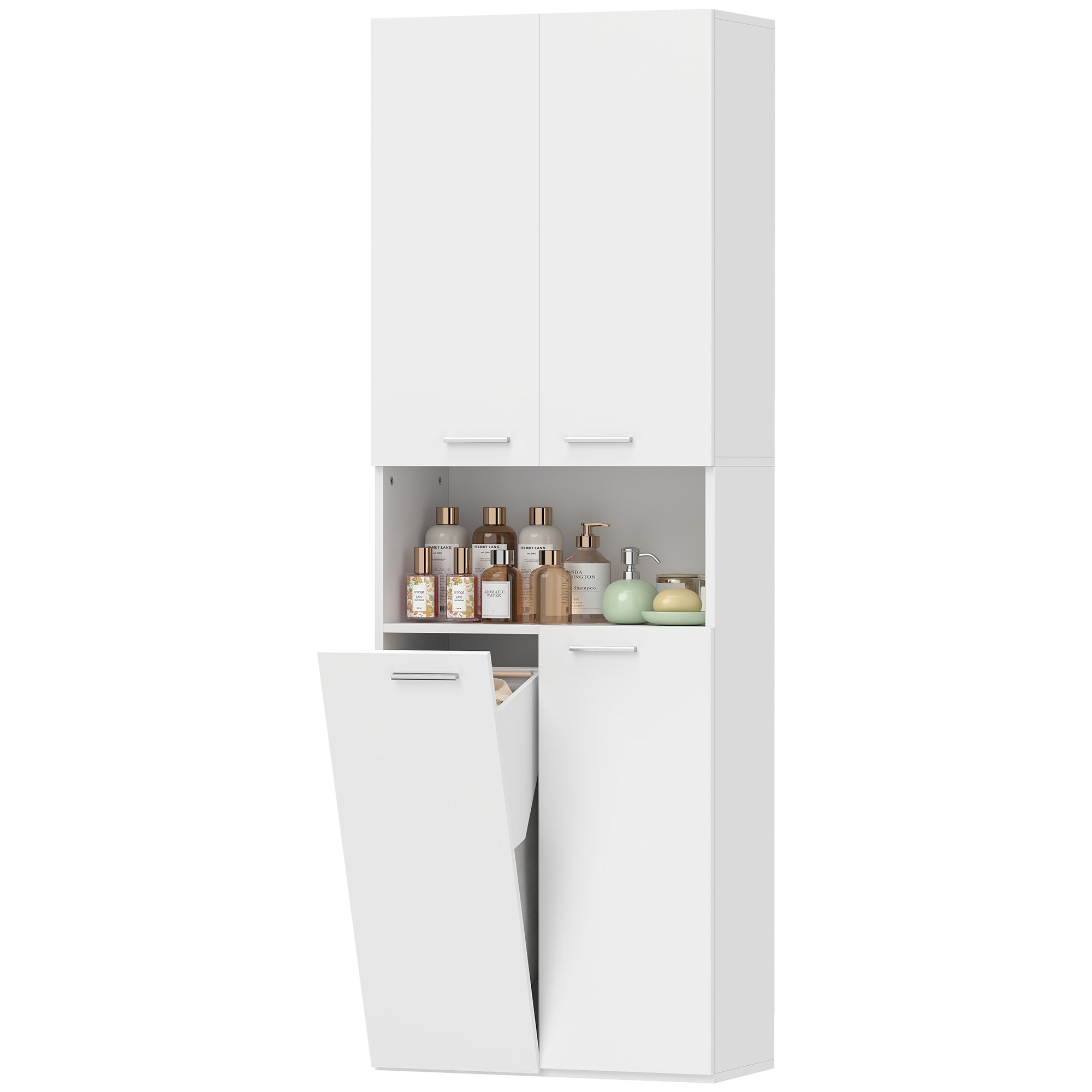 Slim Tall Bathroom Cabinet with Fold-Out Laundry Basket, Open Compartment & Soft-Close Doors for Bathroom & Kitchen, 23.6 x 11.8 x 68.5 in (60 x 30 x 174 cm), White