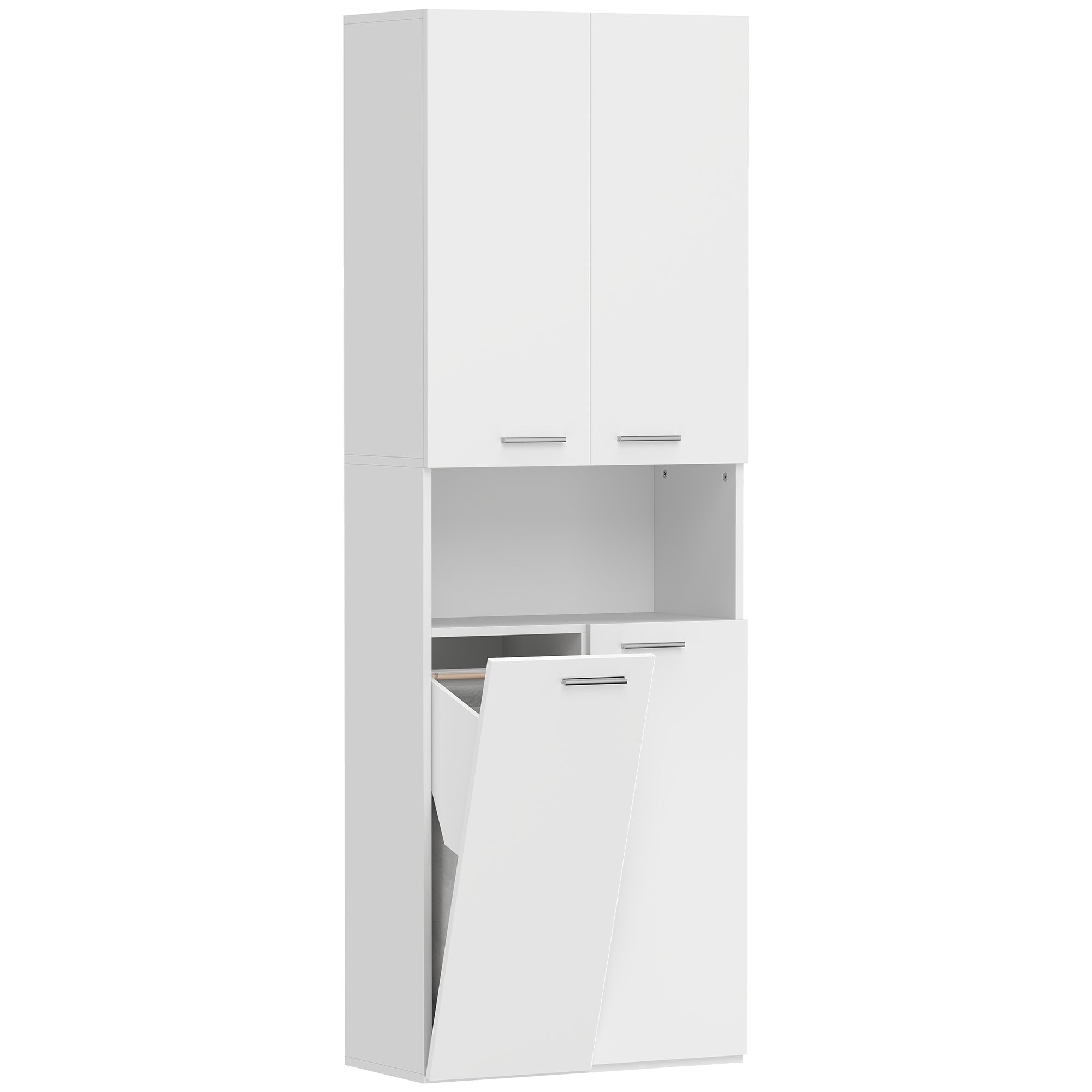 Slim Tall Bathroom Cabinet with Fold-Out Laundry Basket, Open Compartment & Soft-Close Doors for Bathroom & Kitchen, 23.6 x 11.8 x 68.5 in (60 x 30 x 174 cm), White