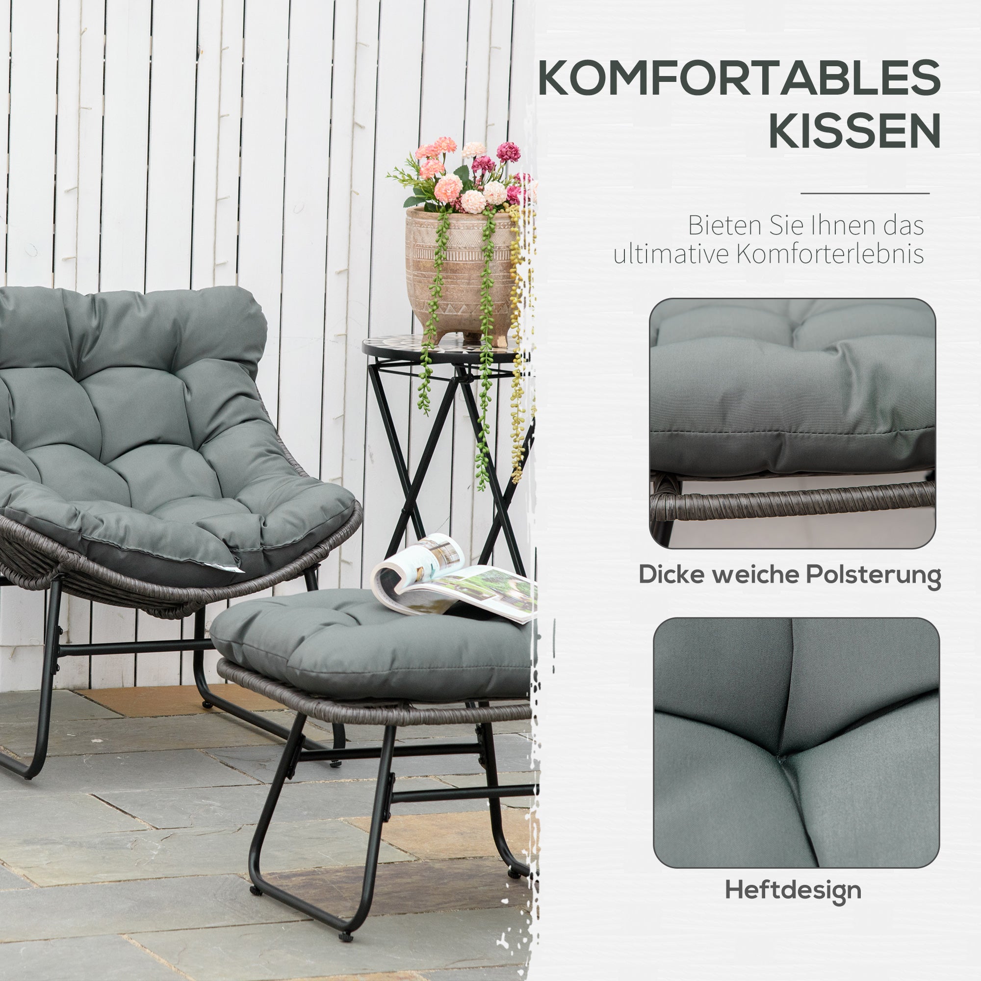 Rattan Relax Chair with Footstool, Garden Chair with Thick Cushions Outdoor Rattan Chair Garden Chair for Garden, Balcony, Patio Gray