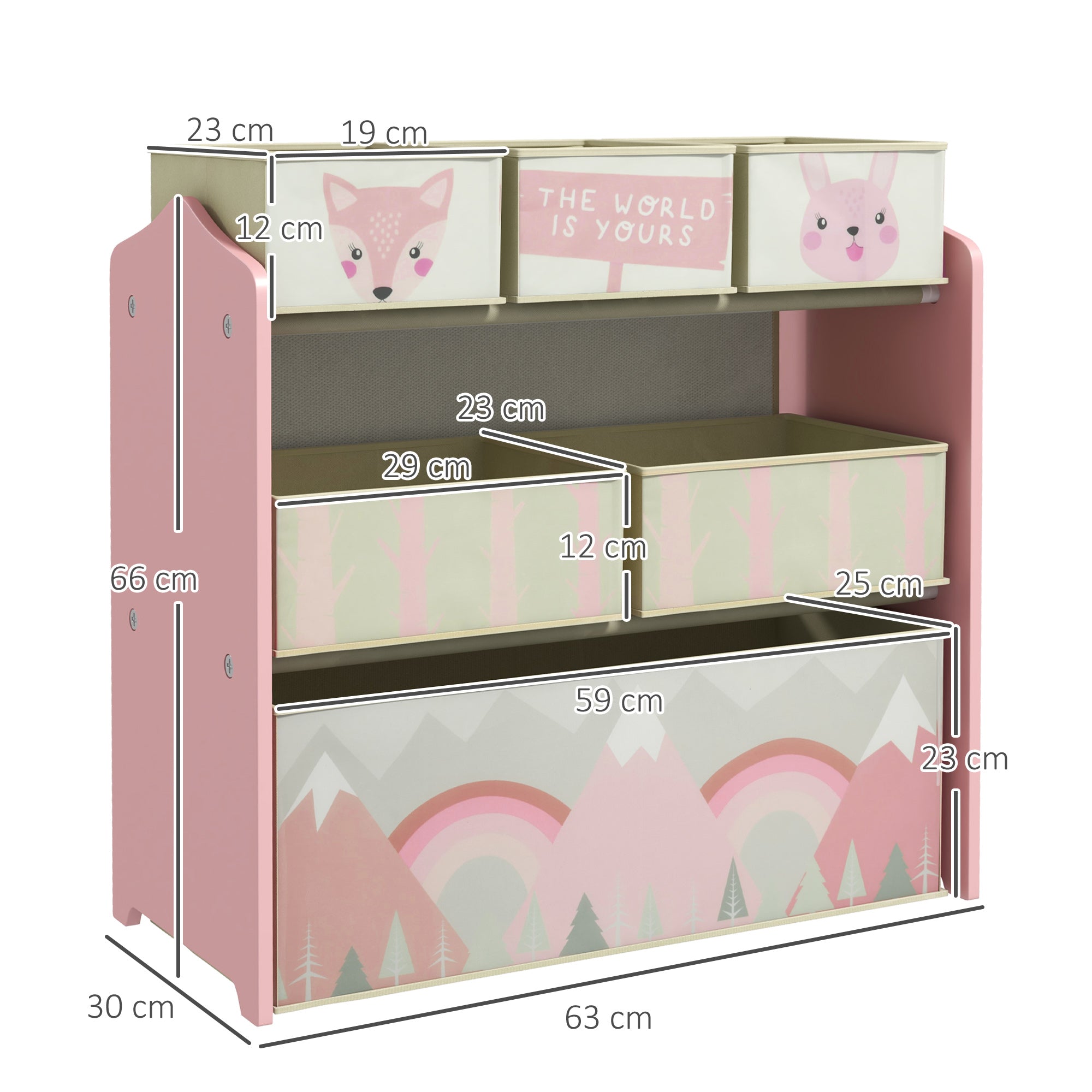 ZONEKIZ Toy Shelf with 6 Non-Woven Fabric Removable Bins Toy Organizer for Children 3-8 Years Old for Bedroom Nursery 63x30x66 cm Pink
