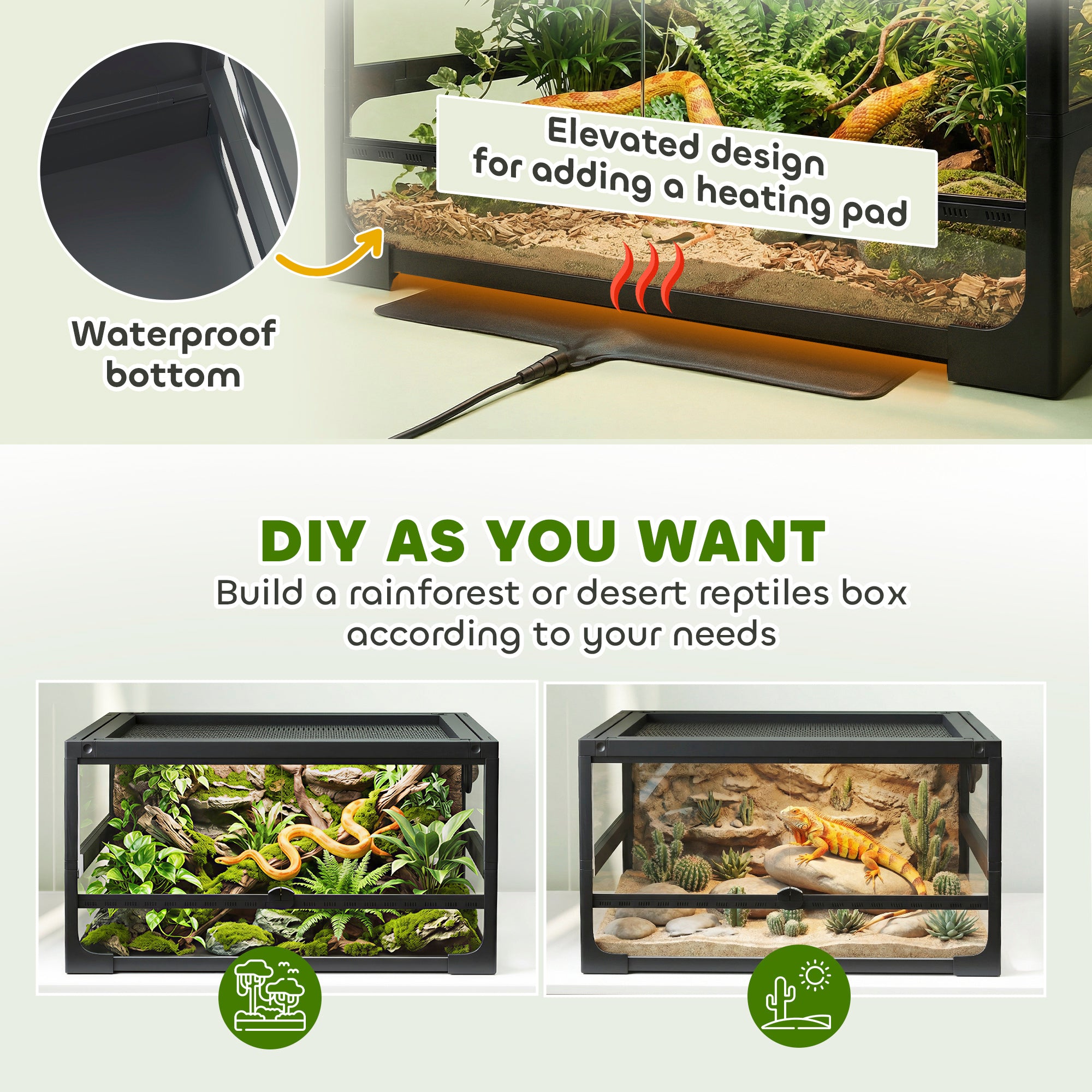 Raised Foldable Reptile Terrarium 24 x 18 x 13 in (60 x 45 x 32 cm) — Tempered Glass, Lockable Lid, Feeding Door, Mesh Ventilation, 360° View