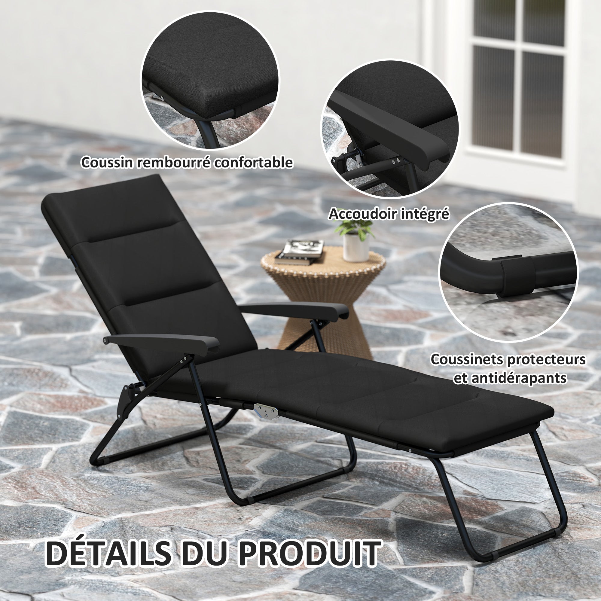Folding Sun Lounger with 6 Reclining Positions High Comfort with Mattress + Armrests Steel Polyester Black