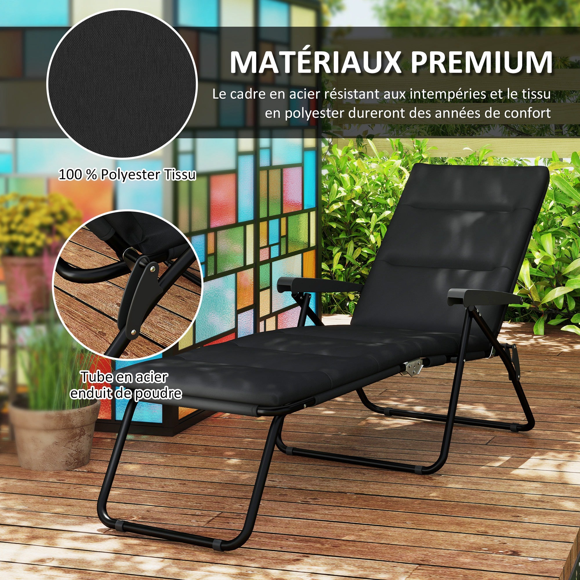 Folding Sun Lounger with 6 Reclining Positions High Comfort with Mattress + Armrests Steel Polyester Black