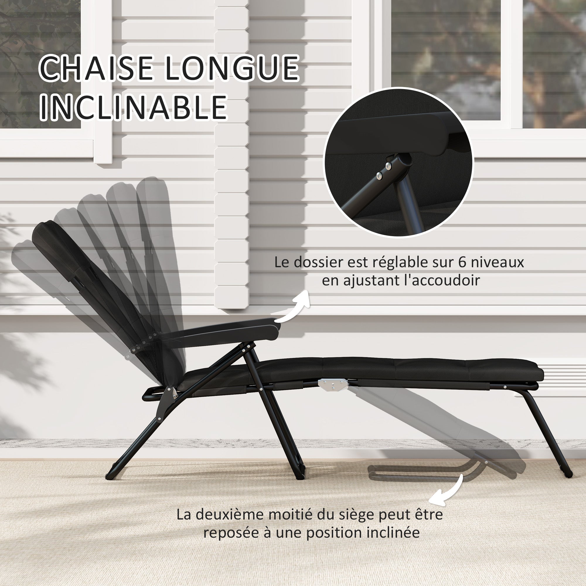 Folding Sun Lounger with 6 Reclining Positions High Comfort with Mattress + Armrests Steel Polyester Black