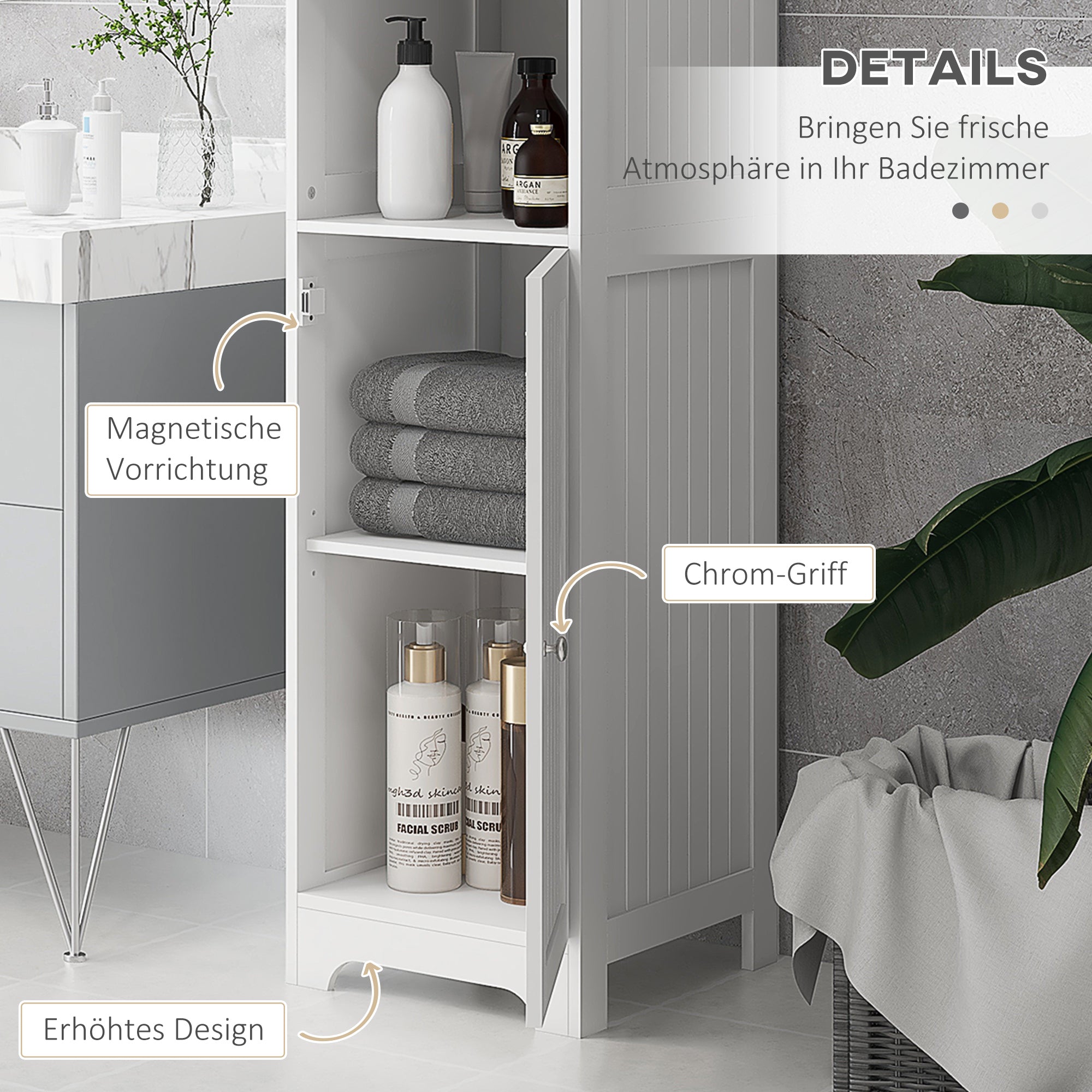 Bathroom Cabinet with 3 Open Shelves, 1 Cabinet Compartment, Storage Cabinet for Bathroom, Living Room, White, 40 x 38 x 160 cm