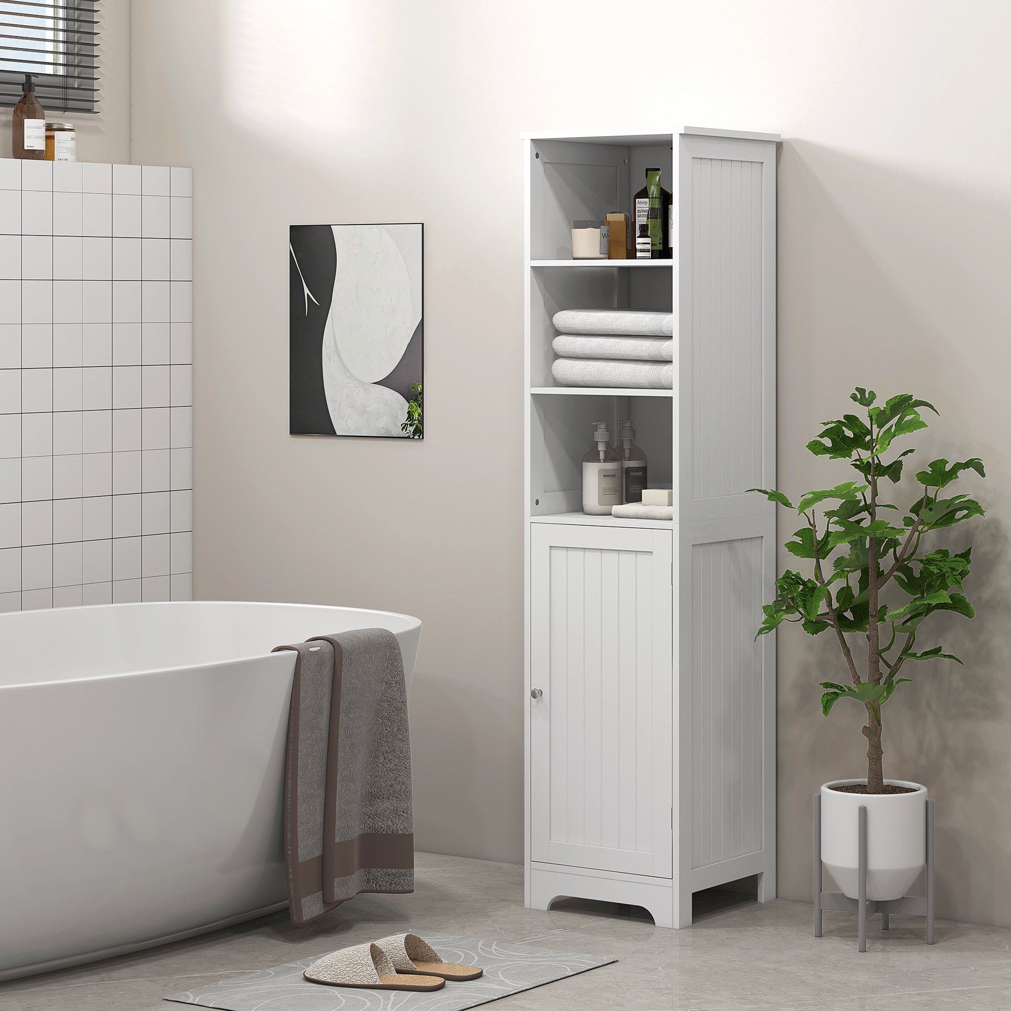 Bathroom Cabinet with 3 Open Shelves, 1 Cabinet Compartment, Storage Cabinet for Bathroom, Living Room, White, 40 x 38 x 160 cm
