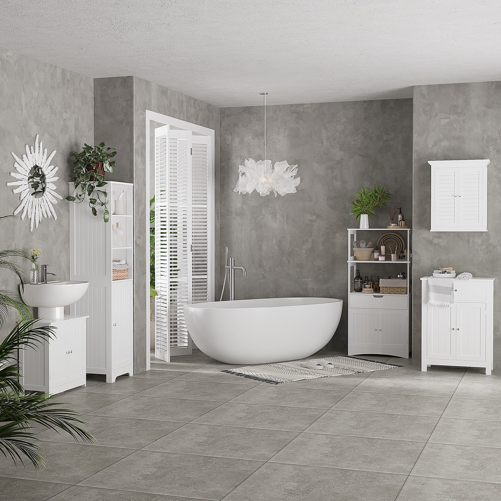 Bathroom Cabinet with 3 Open Shelves, 1 Cabinet Compartment, Storage Cabinet for Bathroom, Living Room, White, 40 x 38 x 160 cm