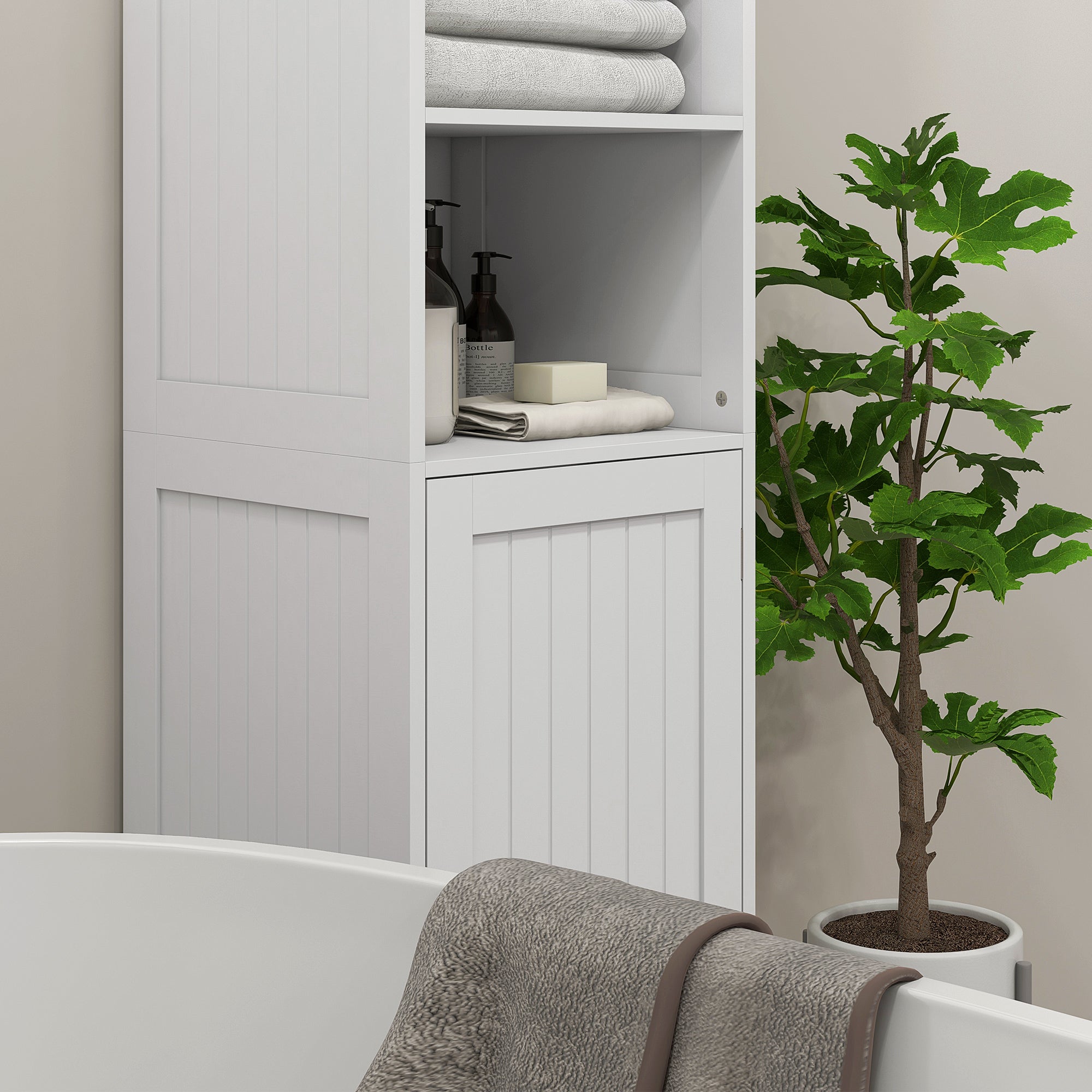 Bathroom Cabinet with 3 Open Shelves, 1 Cabinet Compartment, Storage Cabinet for Bathroom, Living Room, White, 40 x 38 x 160 cm