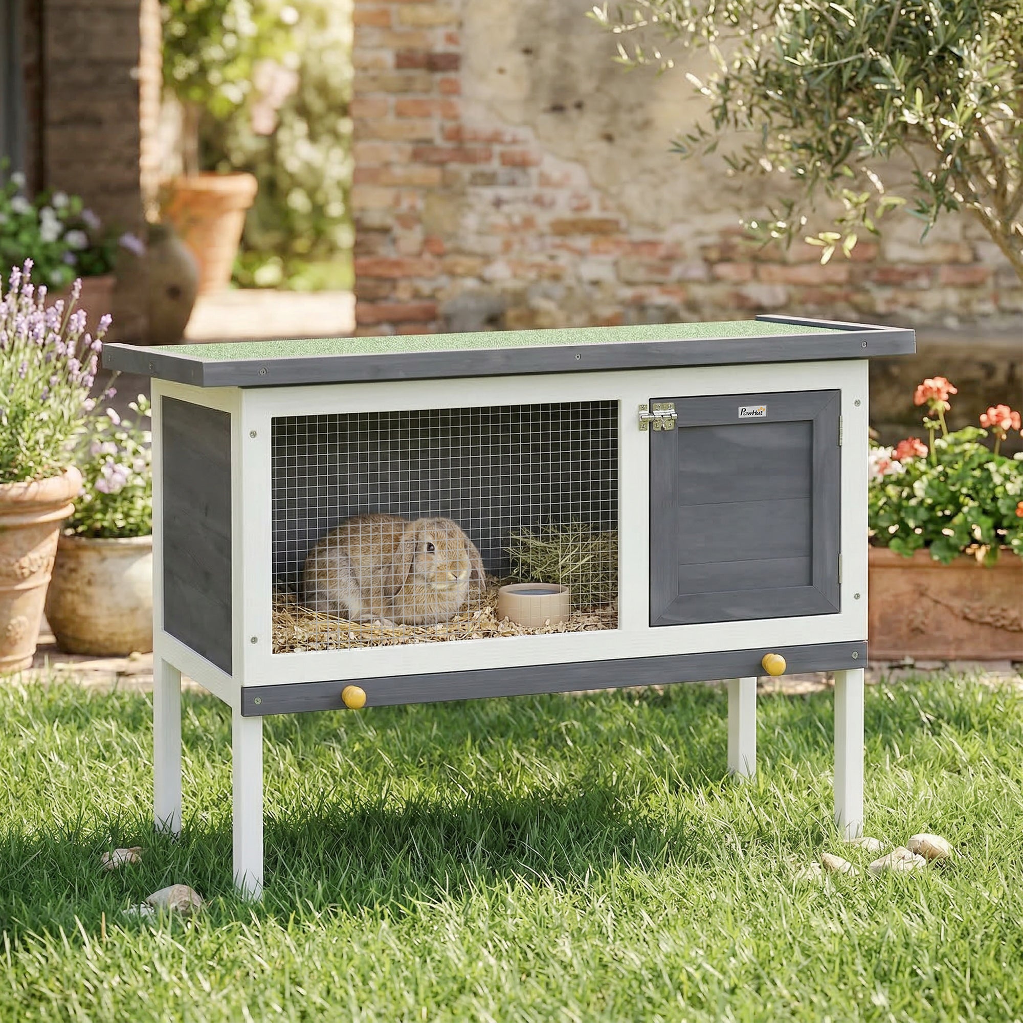 Wooden Rabbit Hutch 35.4 x 17.7 x 25.6 in, Elevated Outdoor Small Animal Cage with Hinged Bitumen Roof, Pull-Out Tray, Door & Metal Wire — Gray