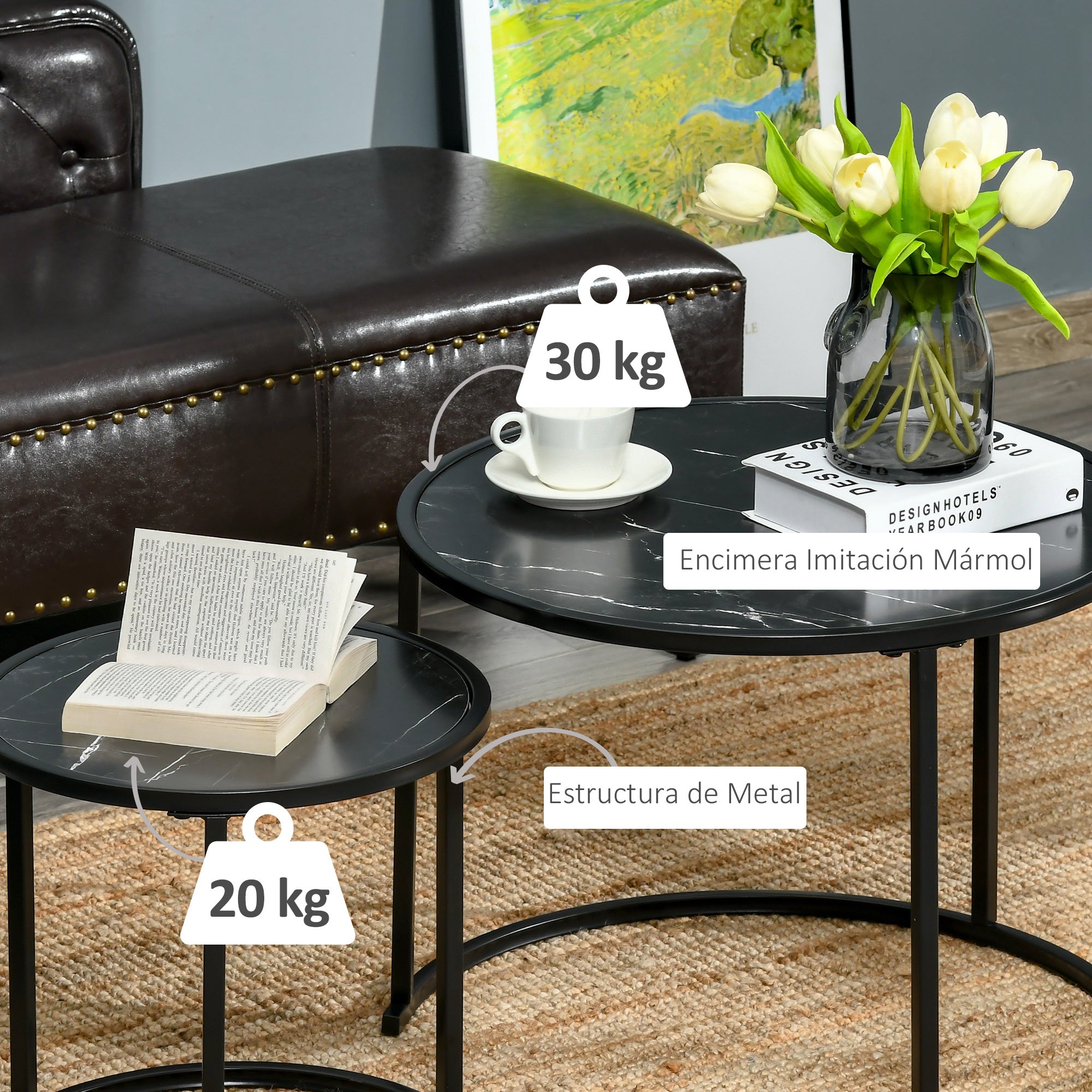 Set of 2 Modern Stackable Round Side Tables with Faux Marble Top and Steel Frame Ø60x46 cm and Ø40x40 cm Black