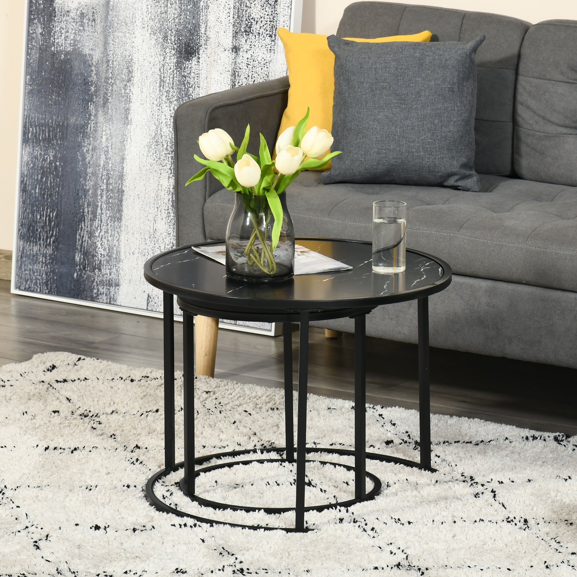 Set of 2 Modern Stackable Round Side Tables with Faux Marble Top and Steel Frame Ø60x46 cm and Ø40x40 cm Black