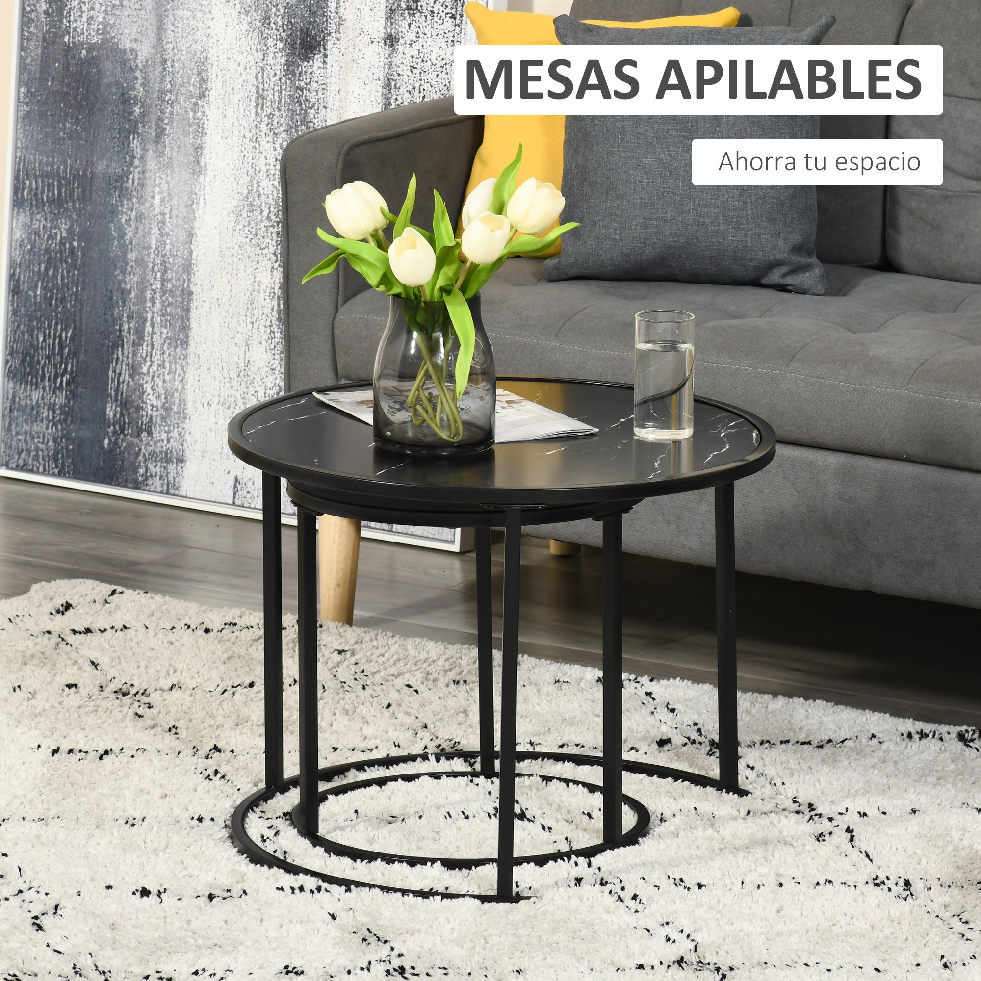 Set of 2 Modern Stackable Round Side Tables with Faux Marble Top and Steel Frame Ø60x46 cm and Ø40x40 cm Black